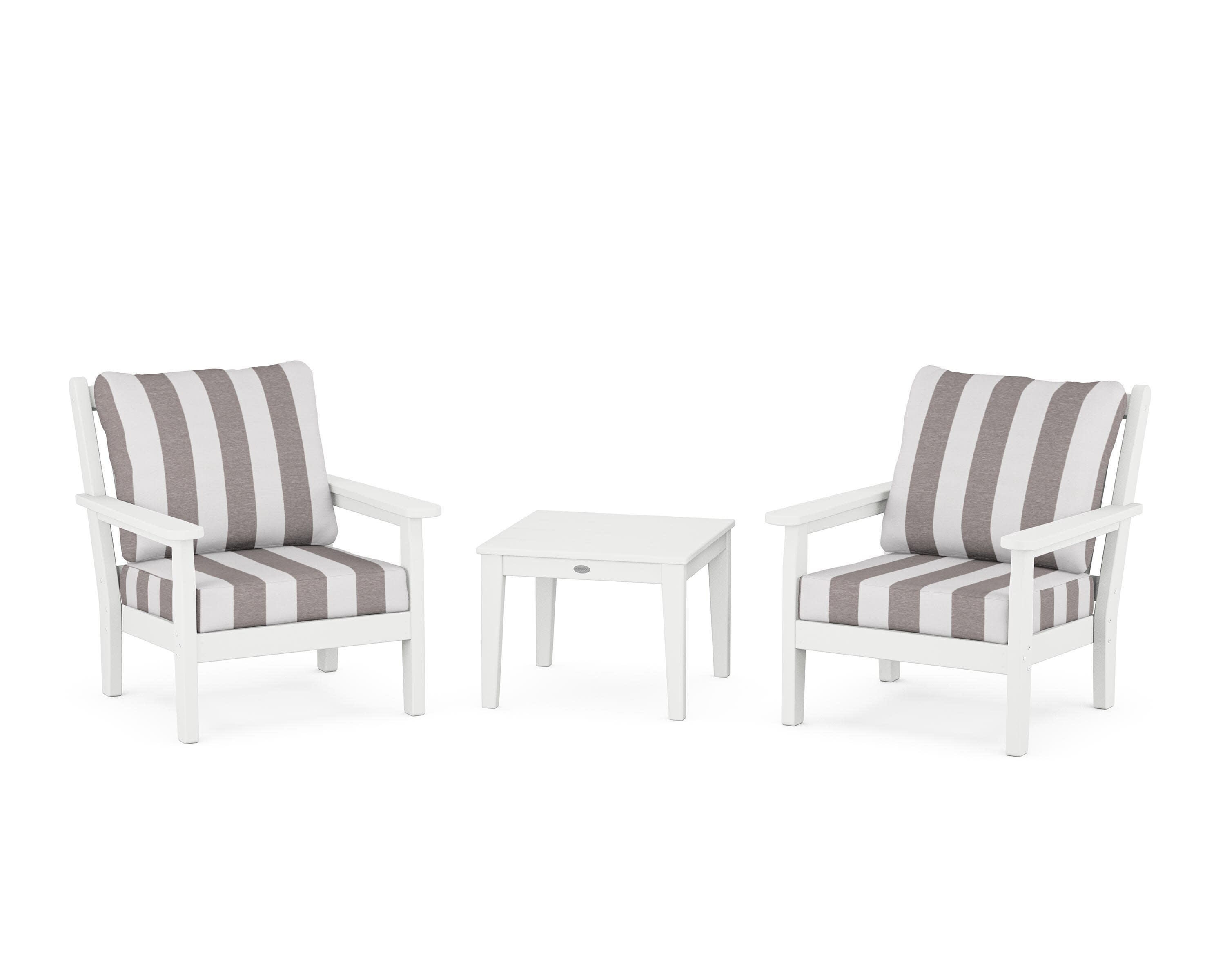Chippendale 3-Piece Deep Seating Set in White / Cabana Stripe Grey Mist