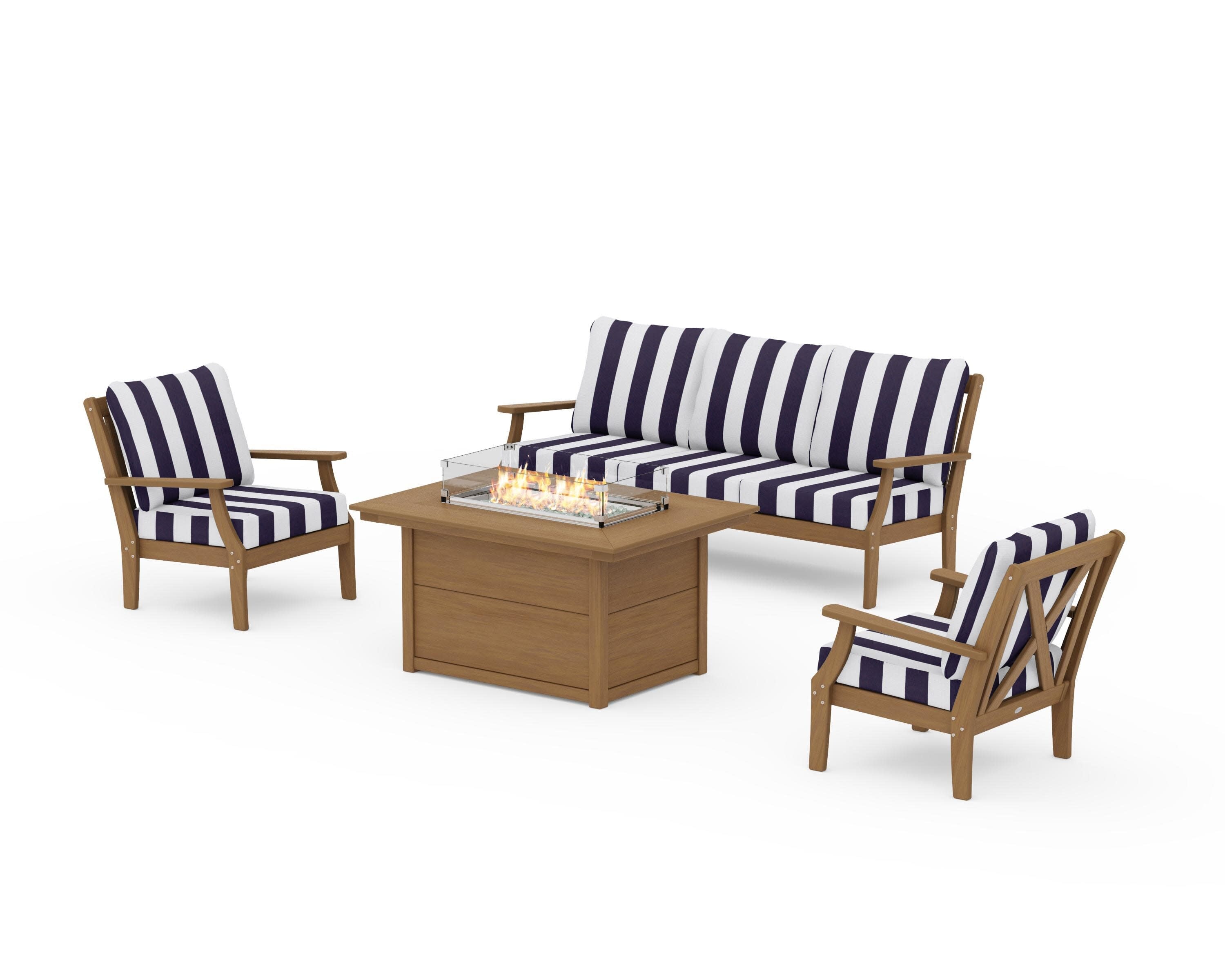 Braxton Deep Seating Fire Pit Table Set in Natural / Cabana Stripe Navy