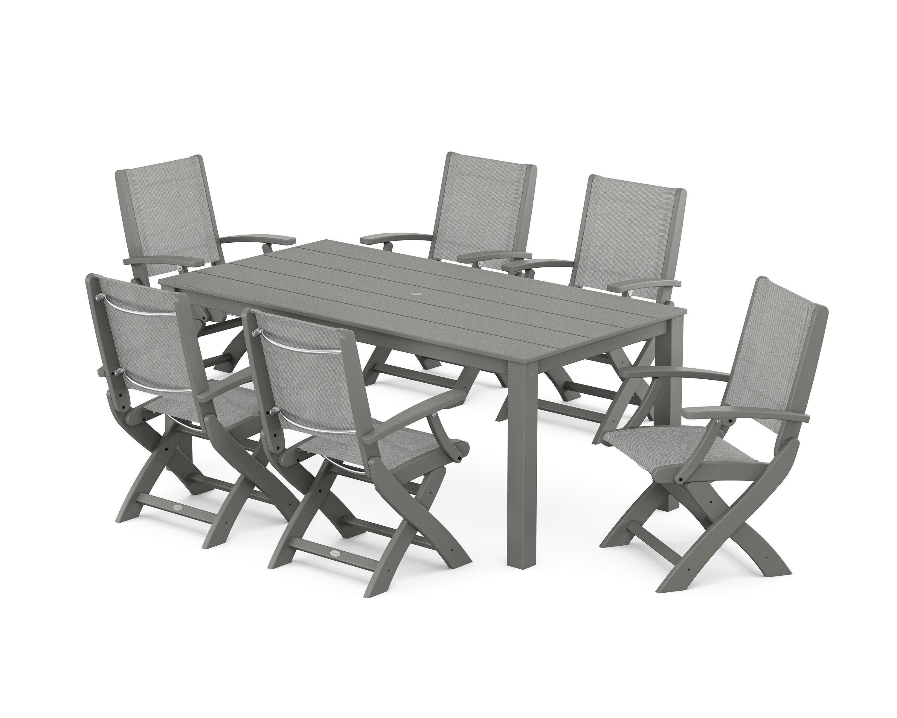 Coastal Folding Chair 7-Piece Parsons Dining Set in Slate Grey / Metallic Sling