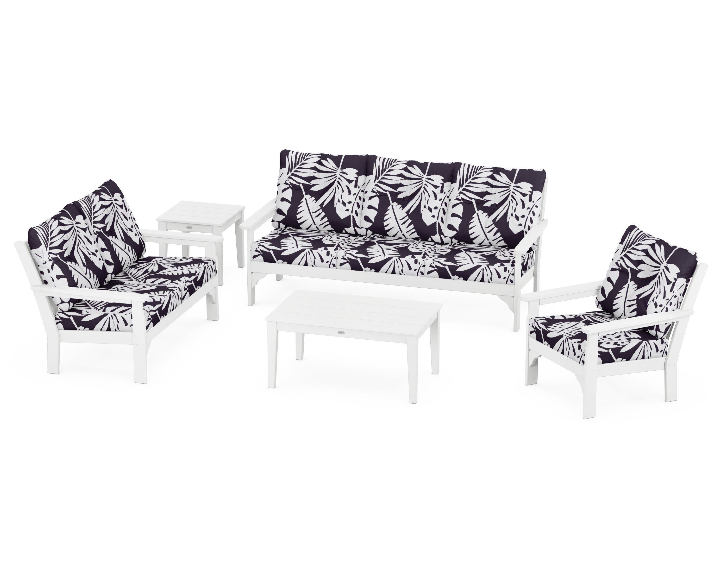 Vineyard 5 Piece Deep Seating Set in White / Leaf Navy