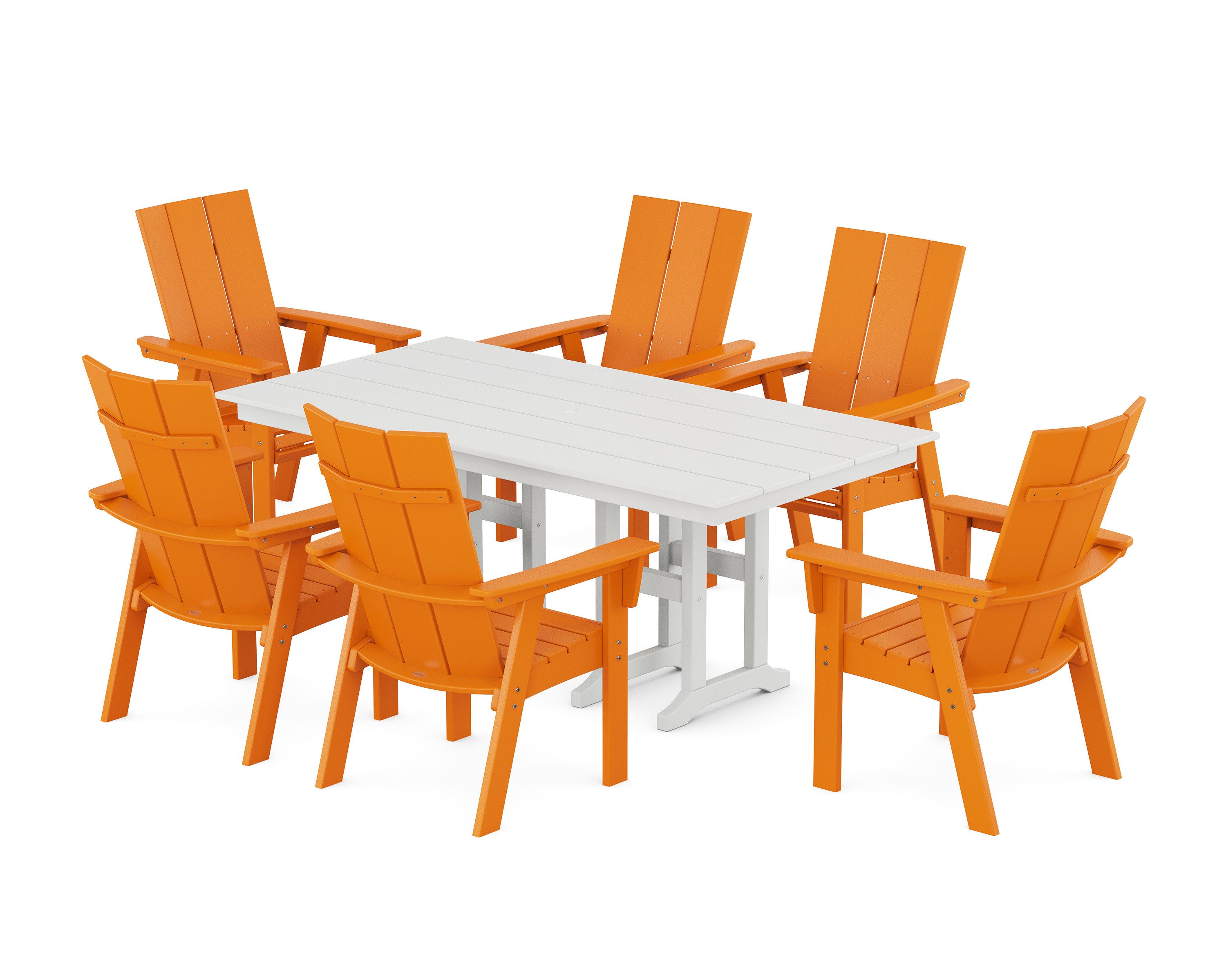 Modern Curveback Adirondack 7-Piece Farmhouse Dining Set in Tangerine / White