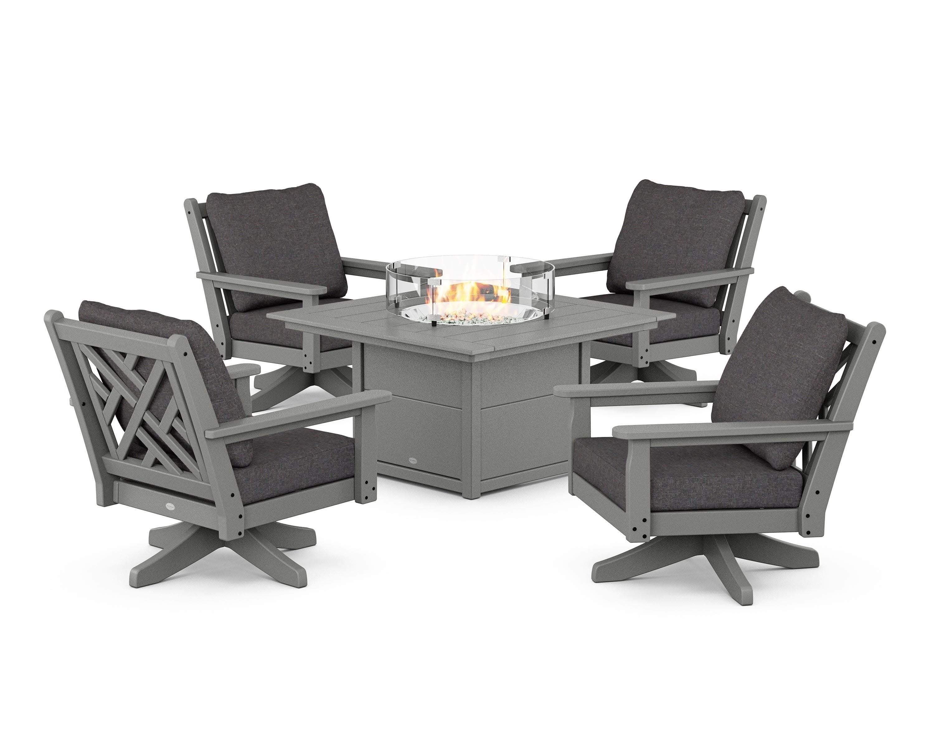 Chippendale 5-Piece Deep Seating Swivel Conversation Set with Fire Pit Table in Slate Grey / Ash Charcoal