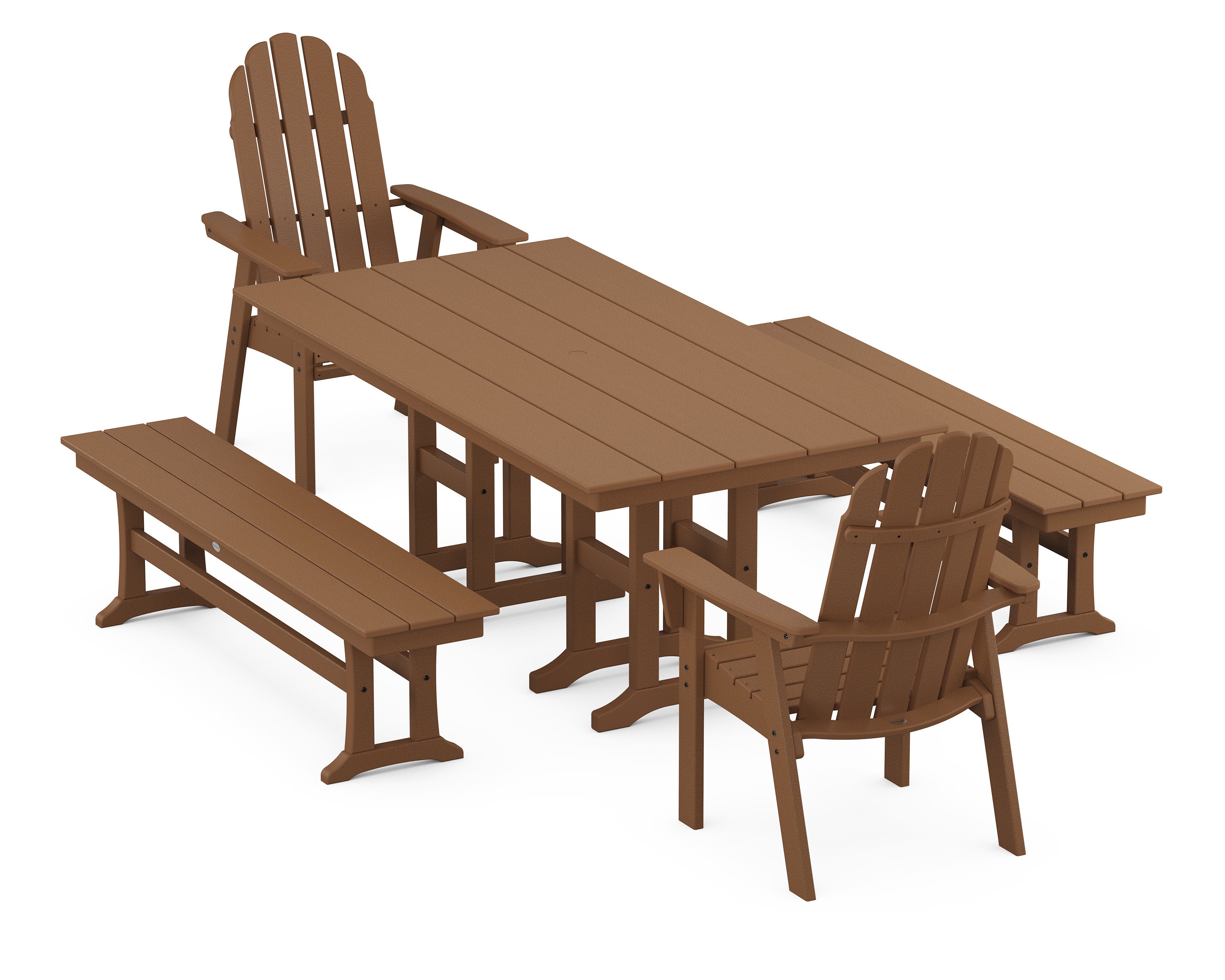 Vineyard Curveback Adirondack 5-Piece Farmhouse Dining Set with Benches in Teak