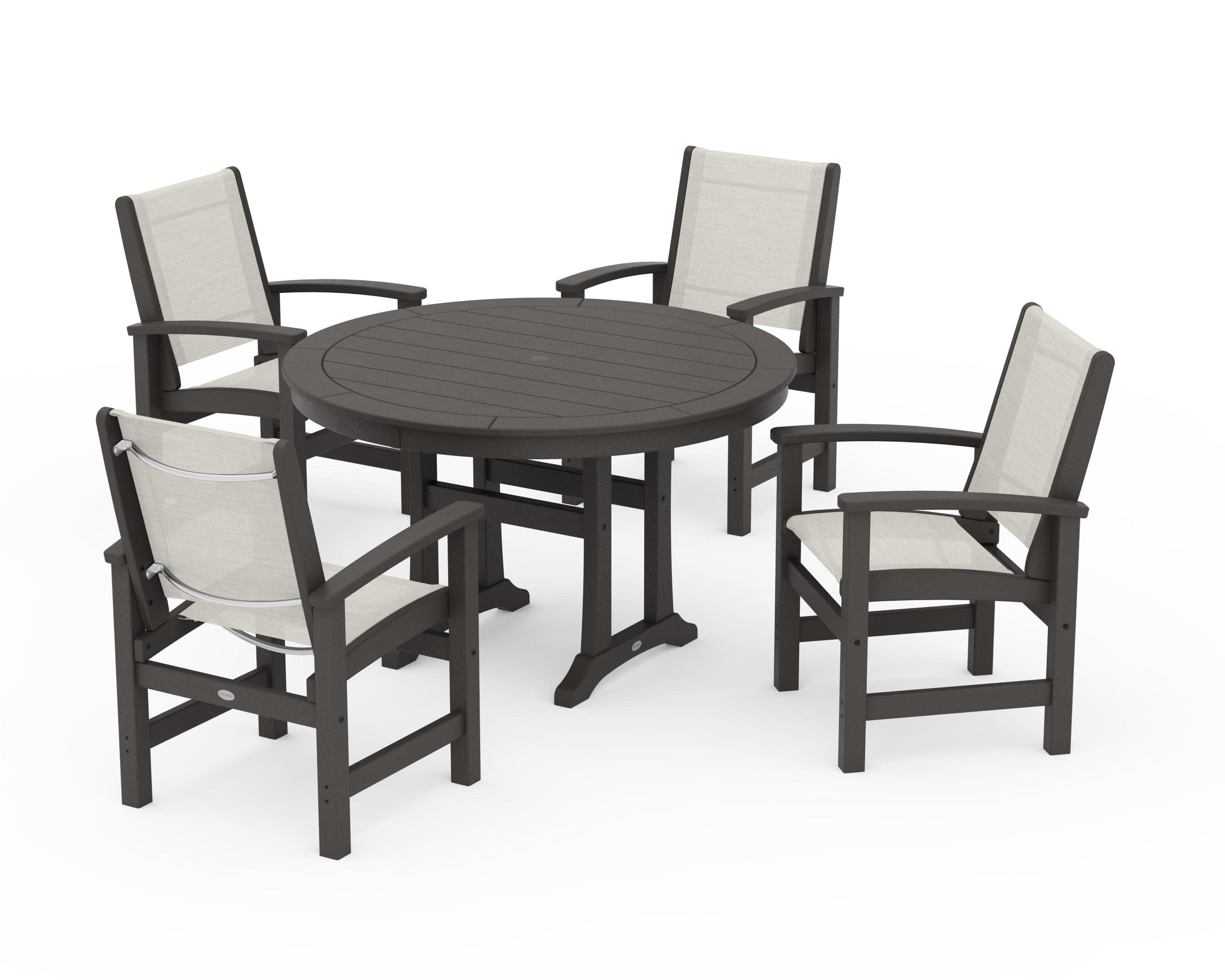 Coastal 5-Piece Round Dining Set with Trestle Legs in Vintage Coffee / Parchment Sling