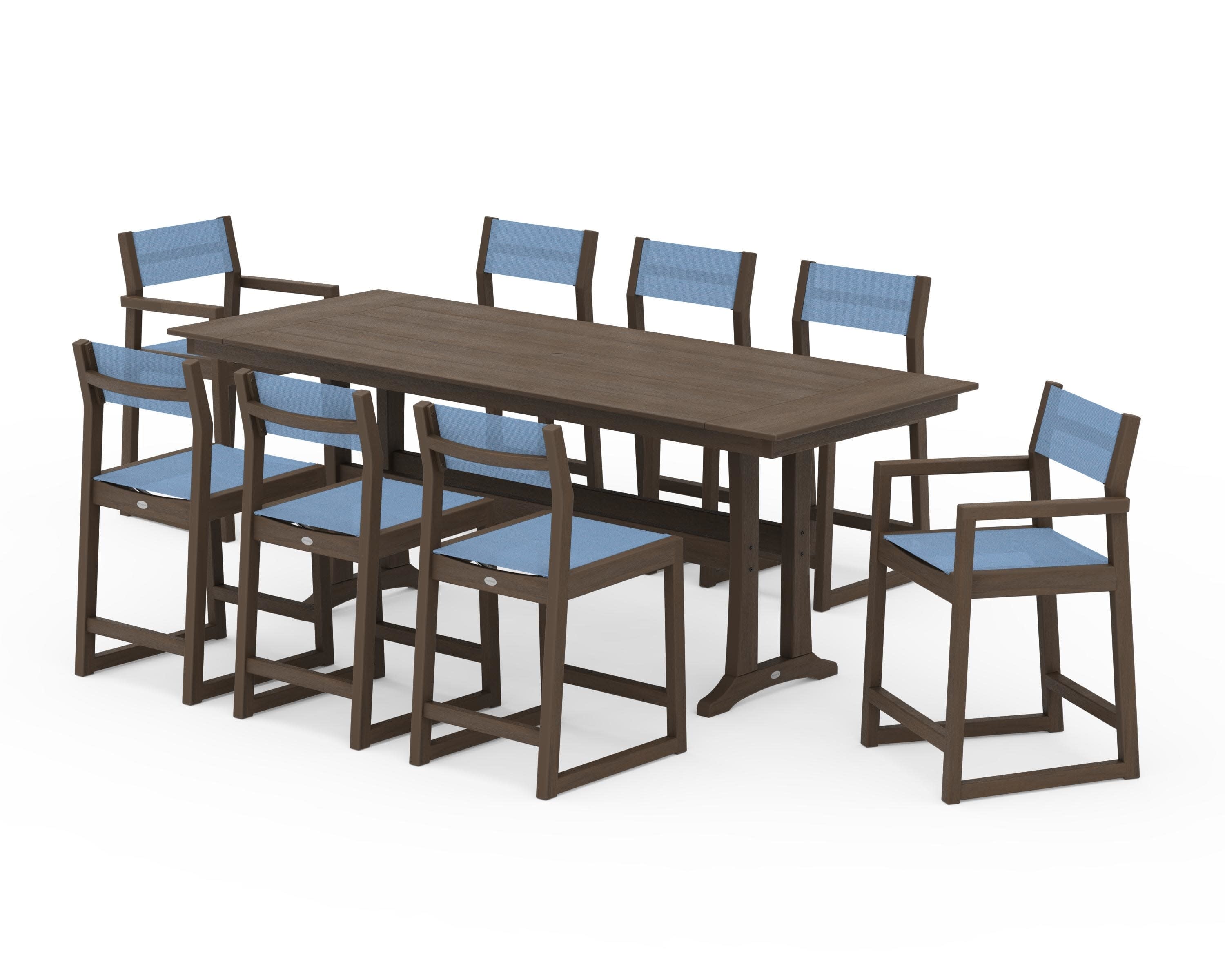 EDGE Sling 9-Piece Farmhouse Counter Set with Trestle Legs in Kona / Poolside Sling
