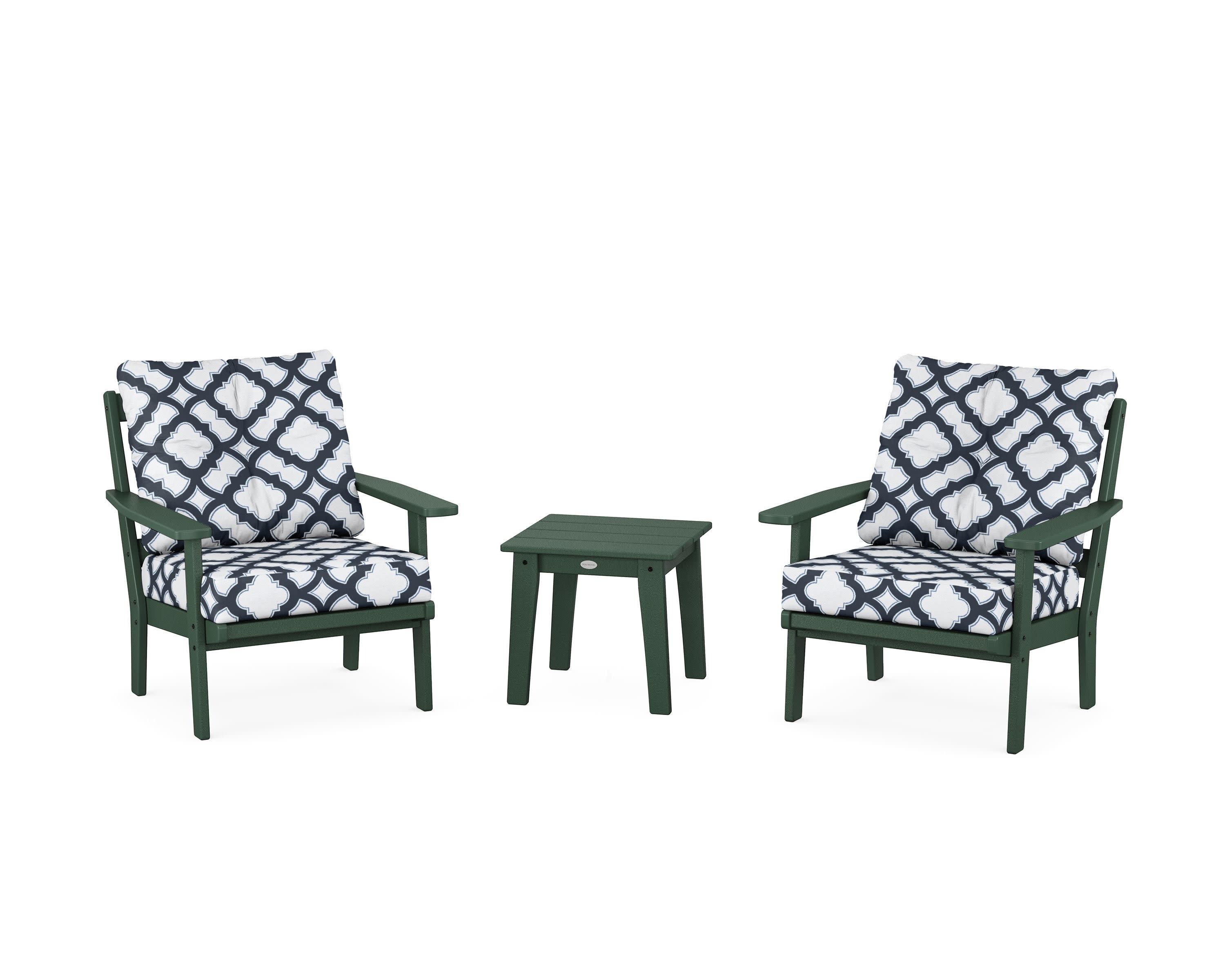 Oxford 3-Piece Deep Seating Set in Green / Trellis Marine Indigo