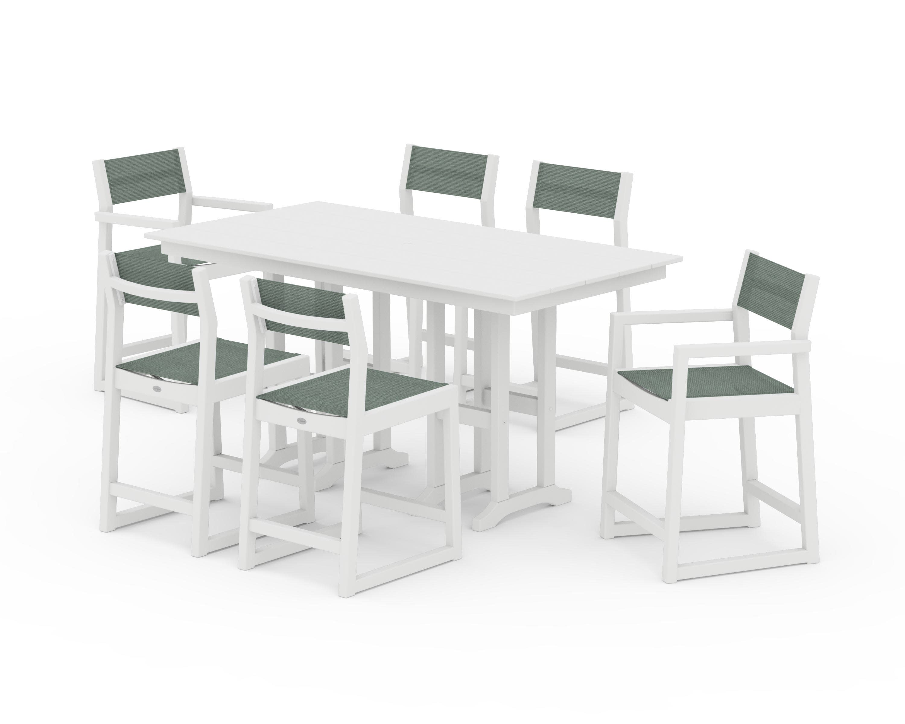 EDGE Sling 7-Piece Farmhouse Counter Set with Trestle Legs in White / Dupioni Sea Mist Sling