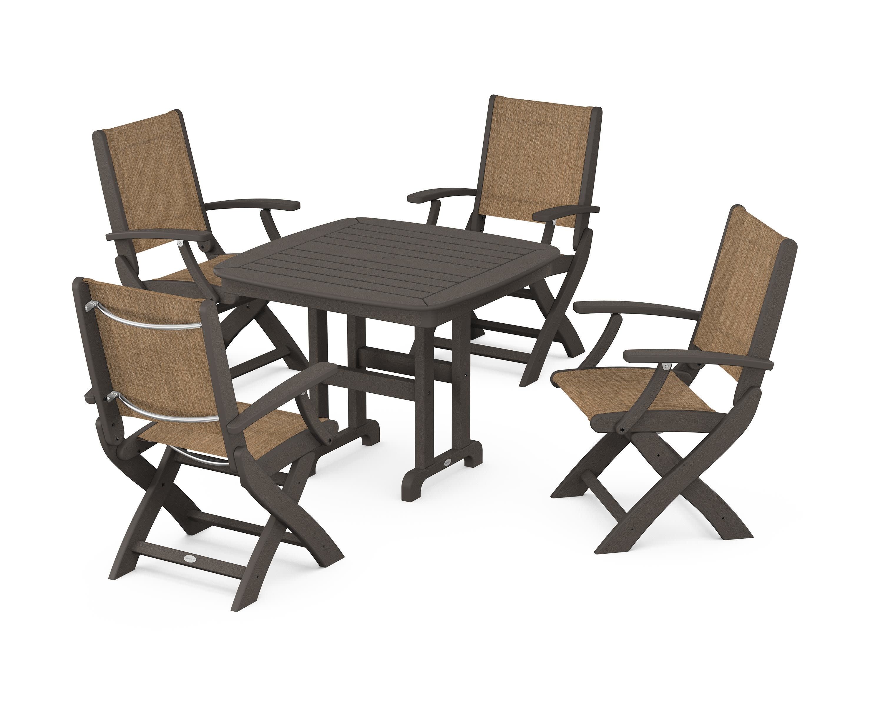 Coastal Folding Chair 5-Piece Dining Set in Vintage Coffee / Burlap Sling