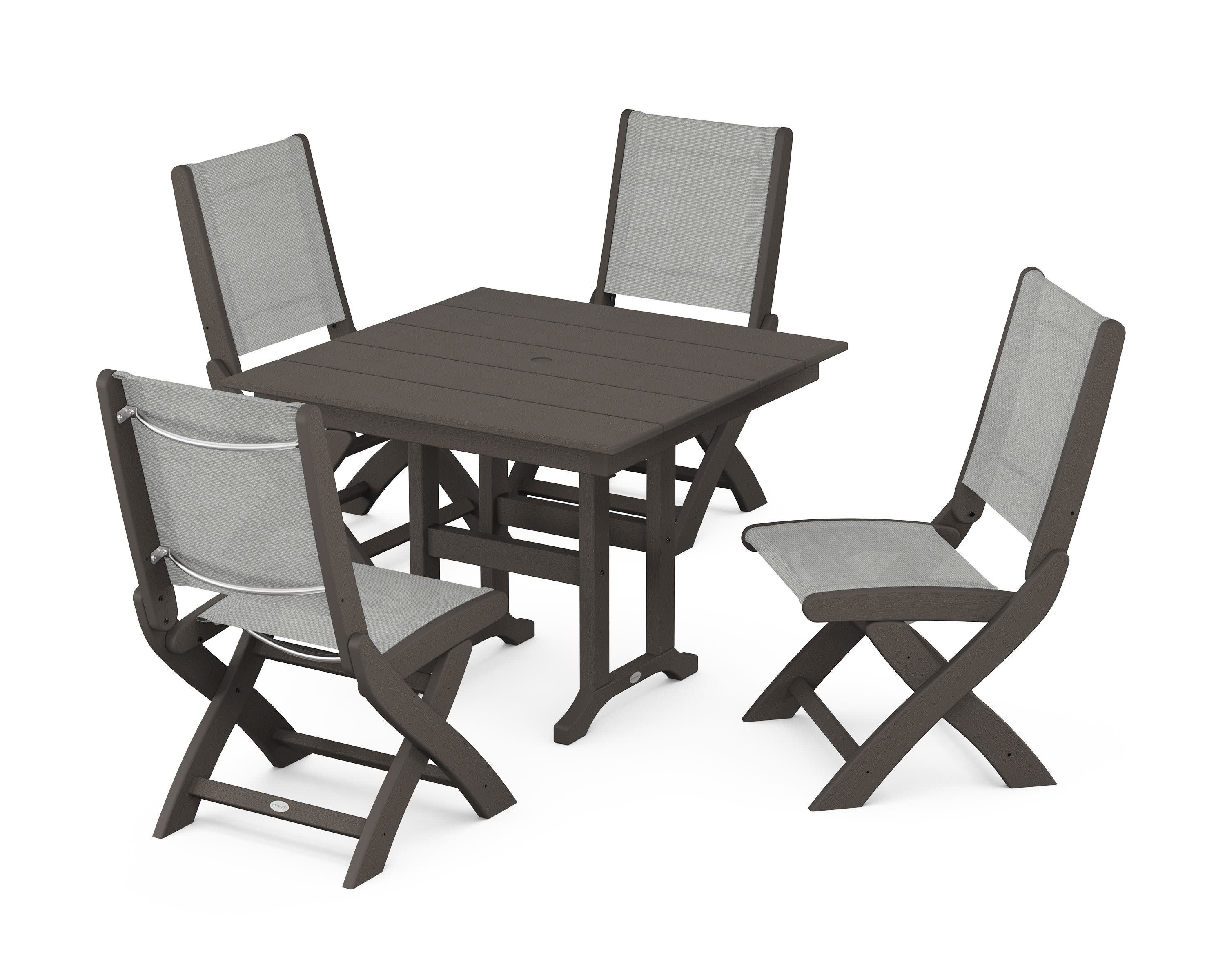 Coastal Folding Side Chair 5-Piece Farmhouse Dining Set in Vintage Coffee / Metallic Sling