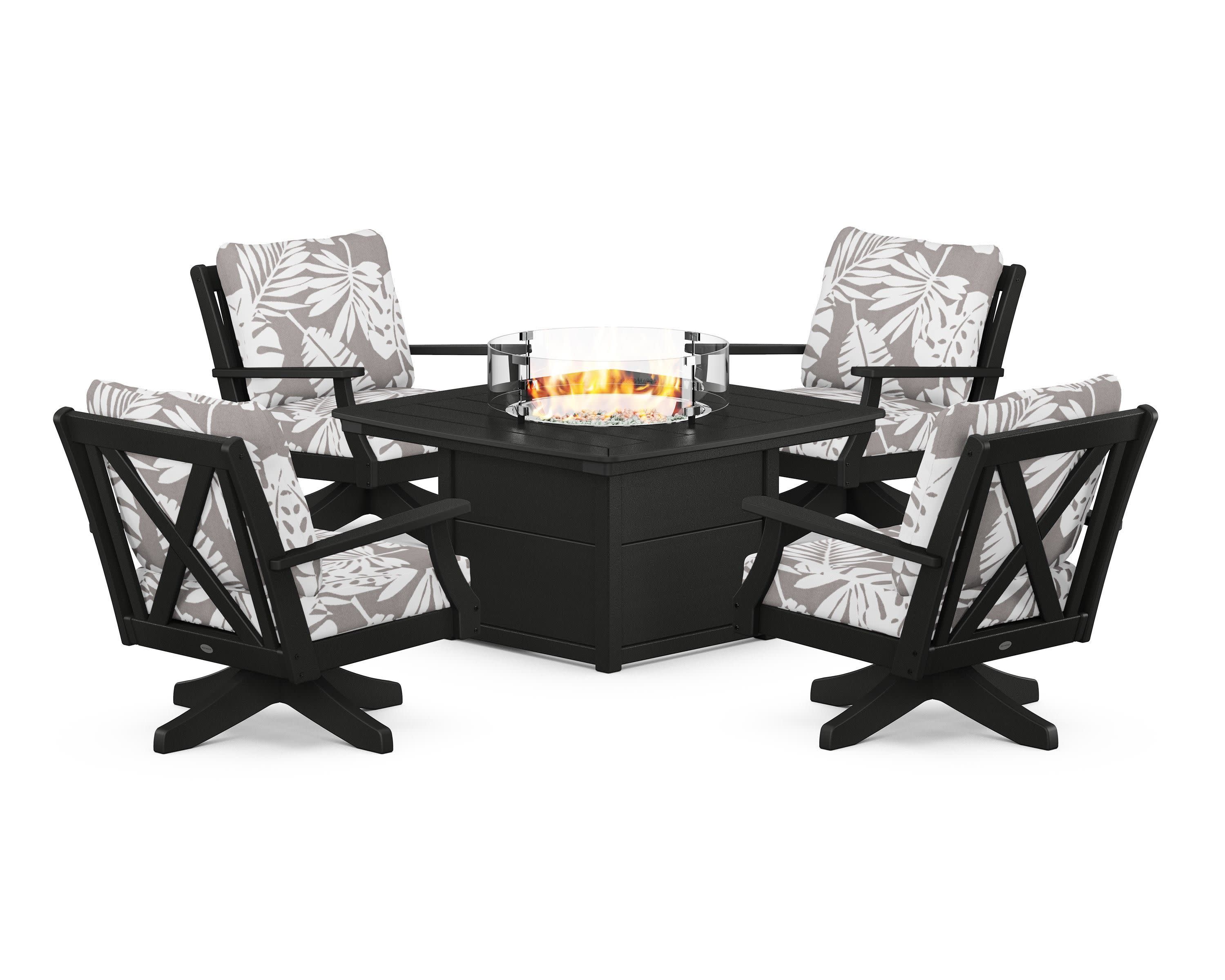 Braxton 5-Piece Deep Seating Swivel Conversation Set with Fire Pit Table in Black / Leaf Grey Mist