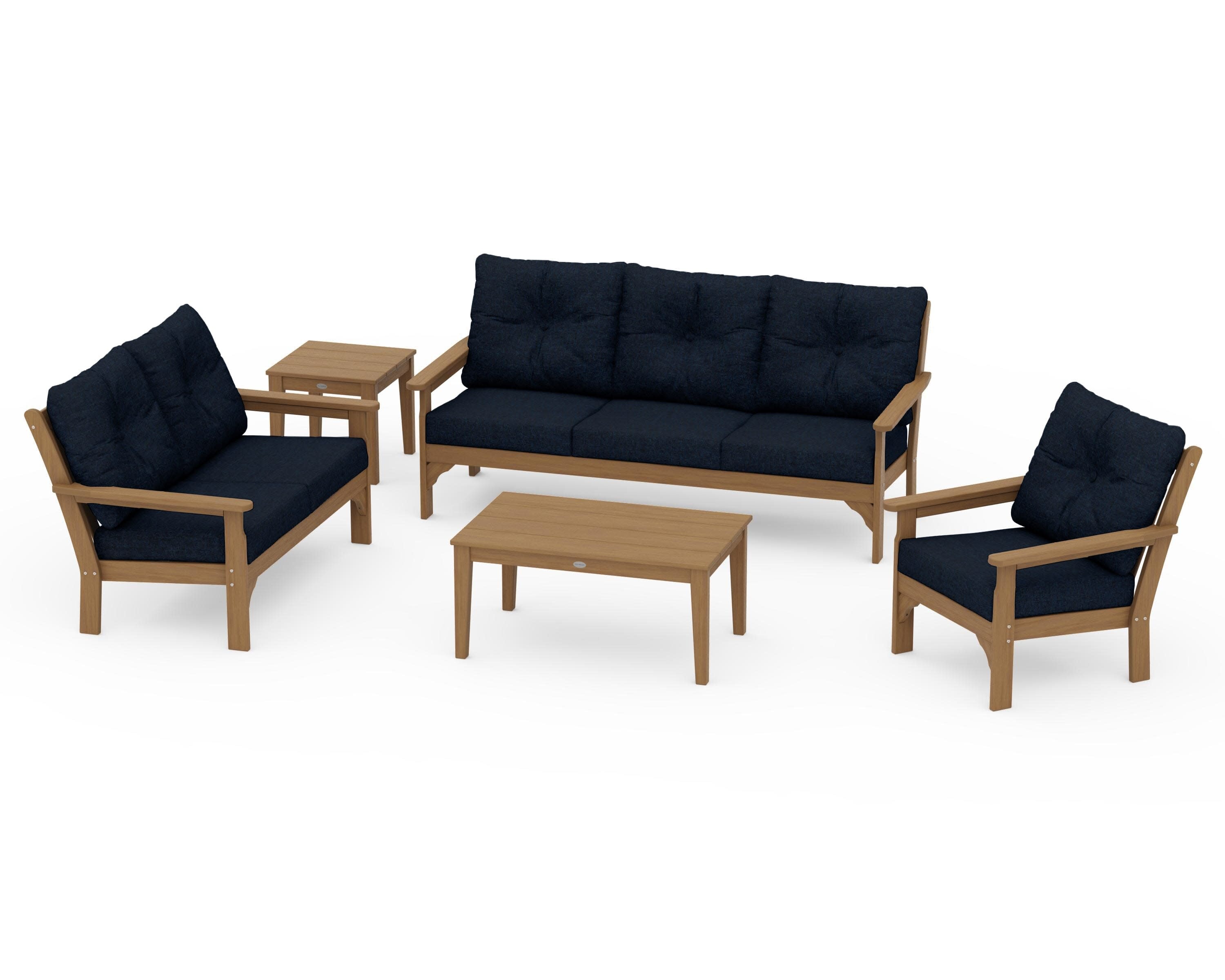 Vineyard 5 Piece Deep Seating Set in Natural / Marine Indigo
