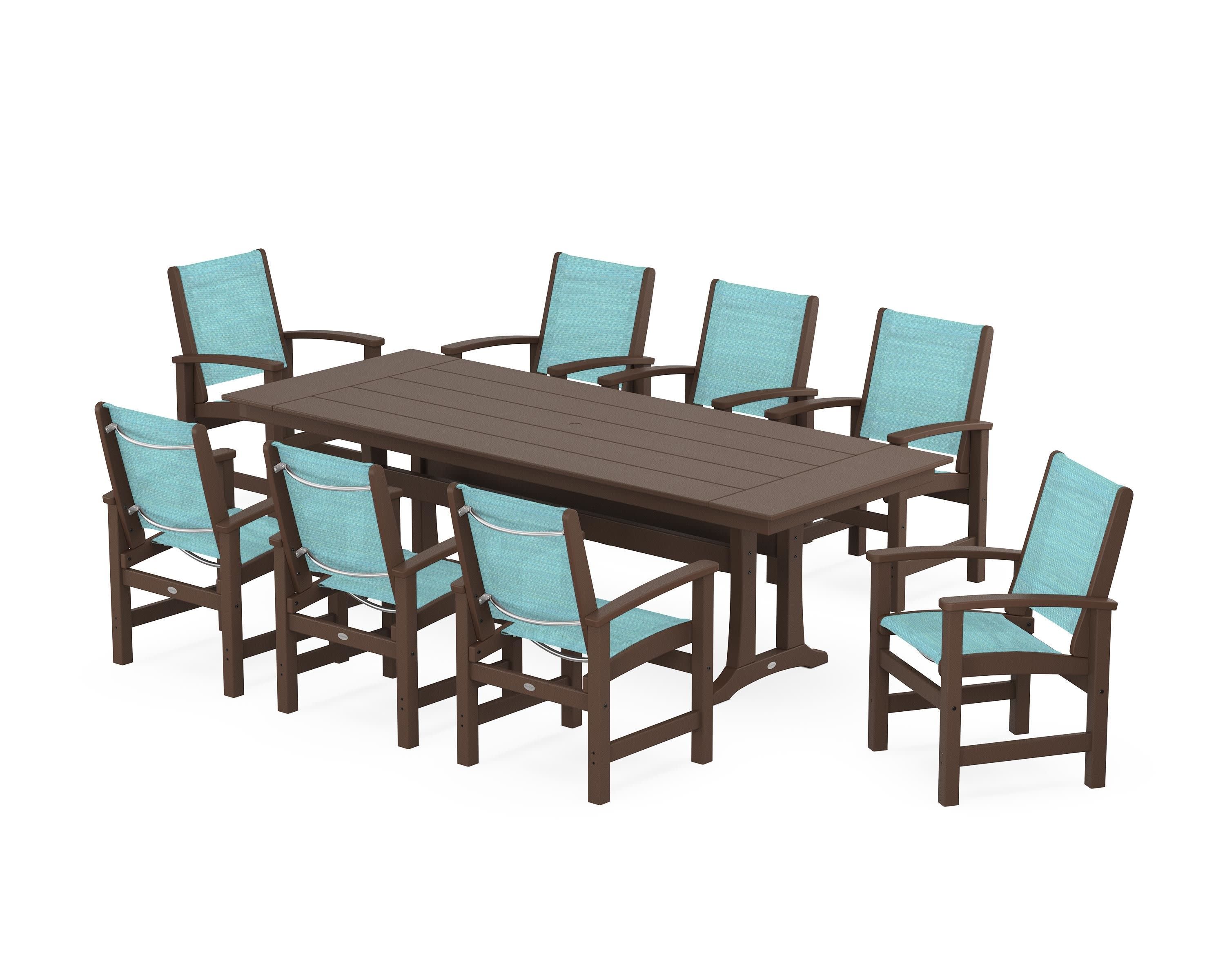 Coastal 9-Piece Farmhouse Dining Set with Trestle Legs in Mahogany / Dupioni Aquamarine Sling