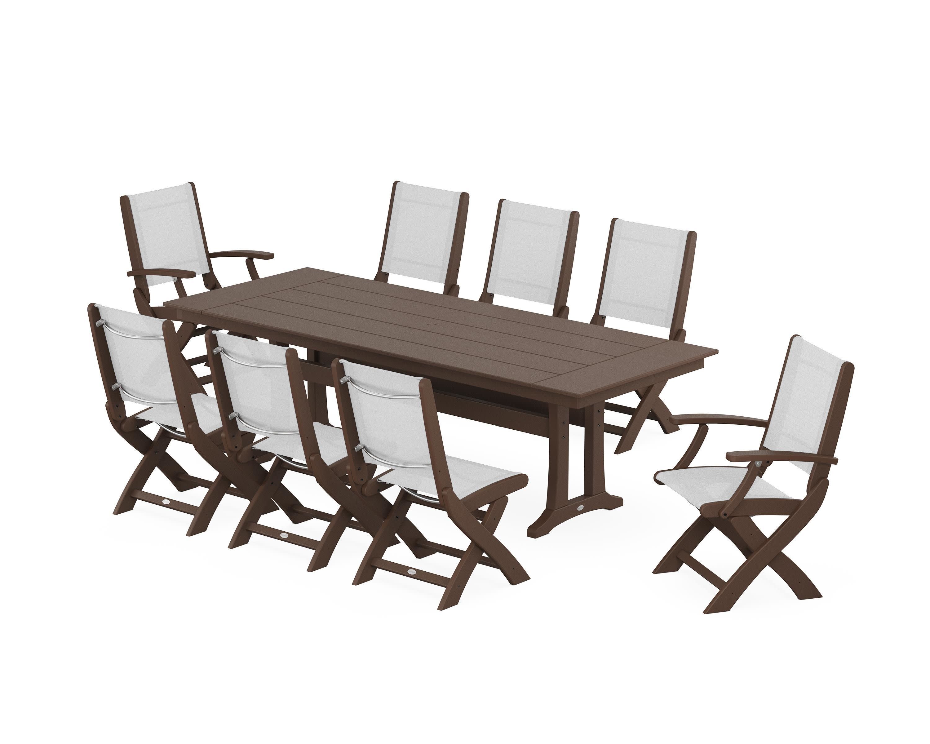 Coastal 9-Piece Folding Dining Chair Farmhouse Dining Set with Trestle Legs in Mahogany / White Sling