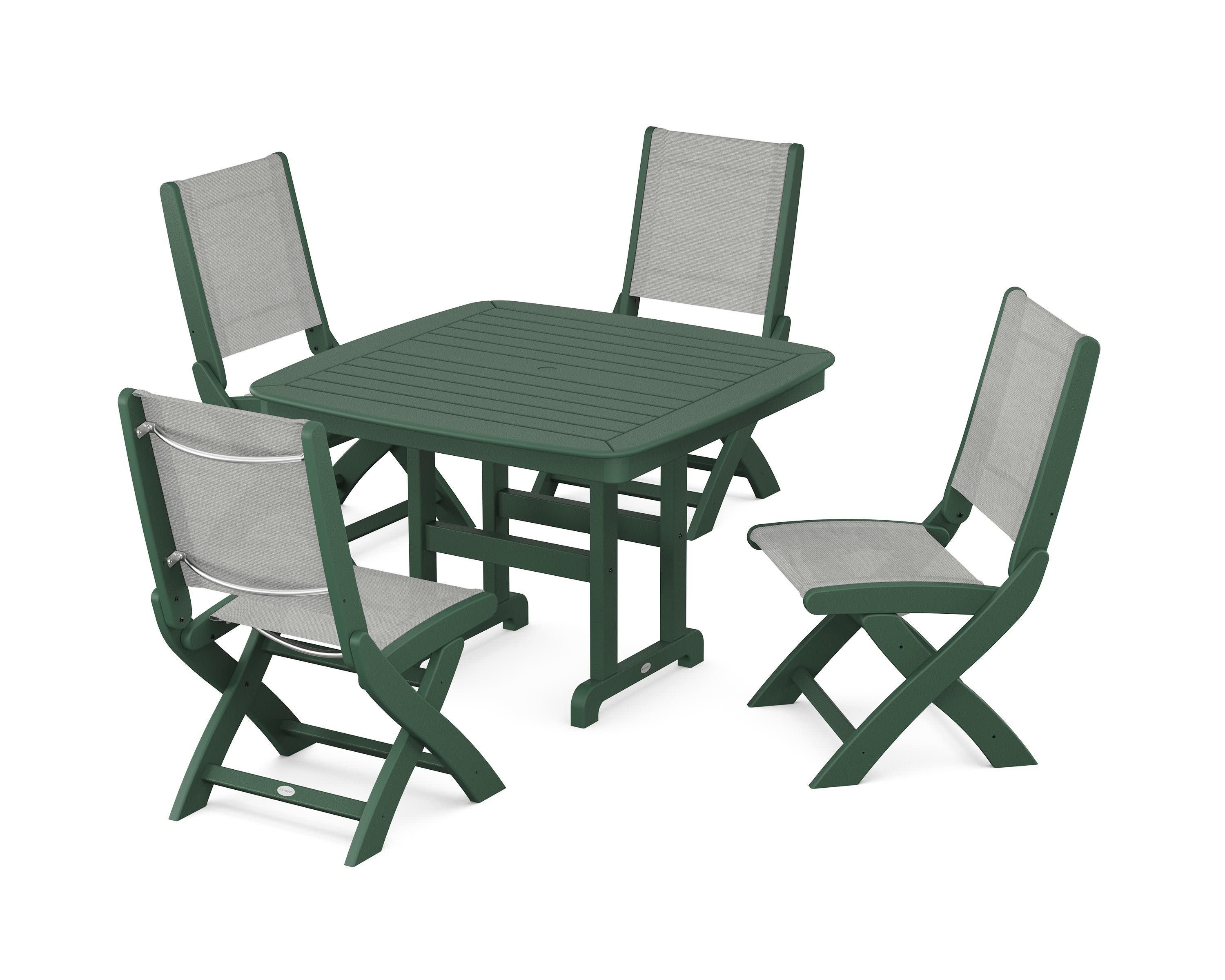 Coastal Folding Side Chair 5-Piece Dining Set in Green / Metallic Sling