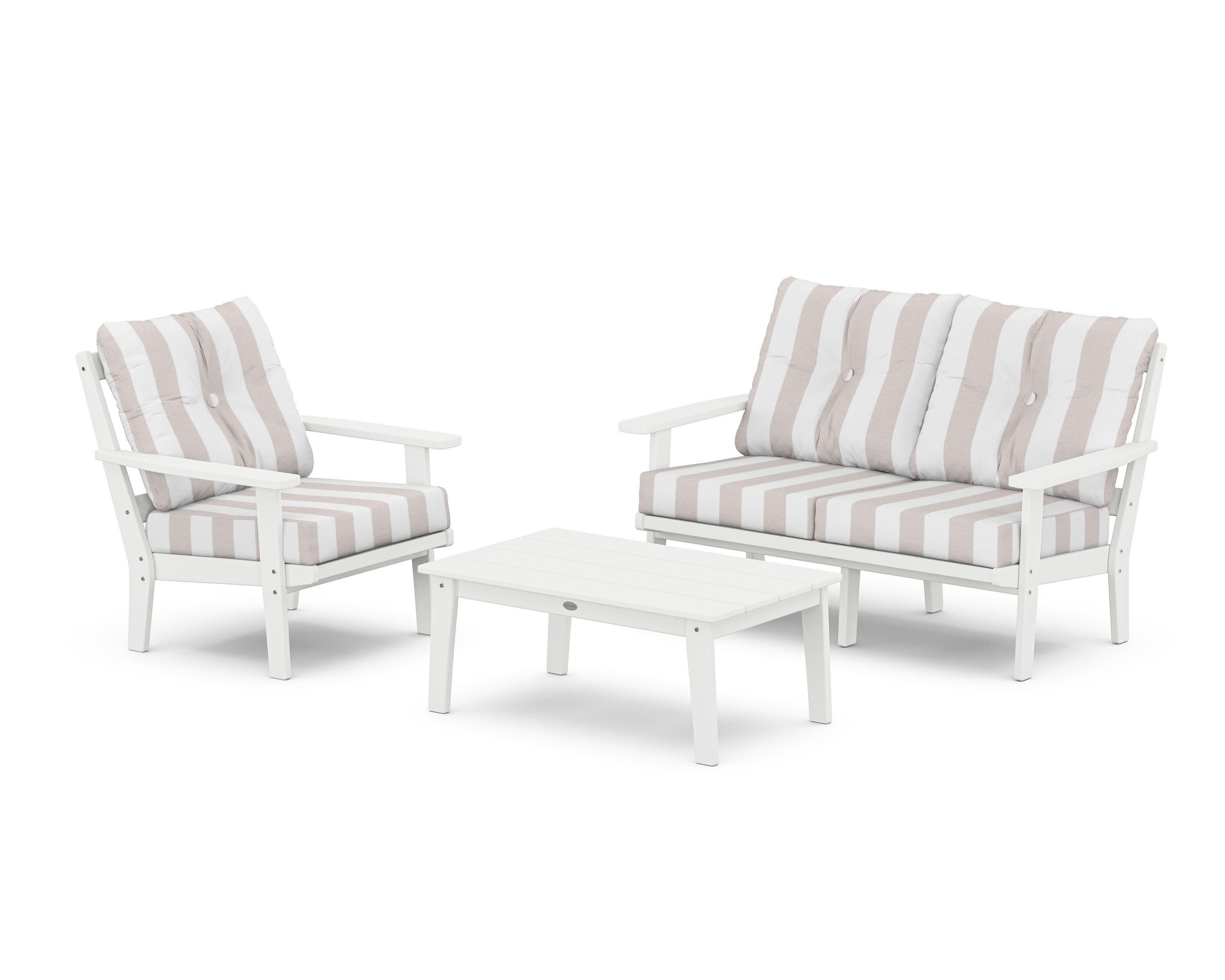 Prairie 3-Piece Deep Seating Set with Loveseat in White / Cabana Stripe Dune Burlap