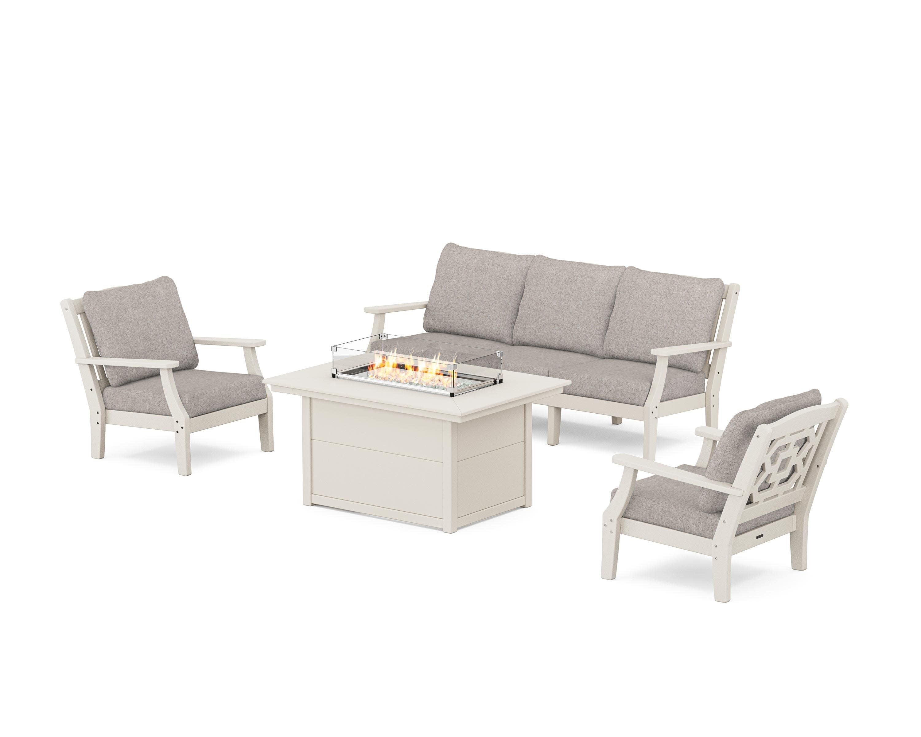Chinoiserie Deep Seating Fire Pit Table Set in Sand / Weathered Tweed