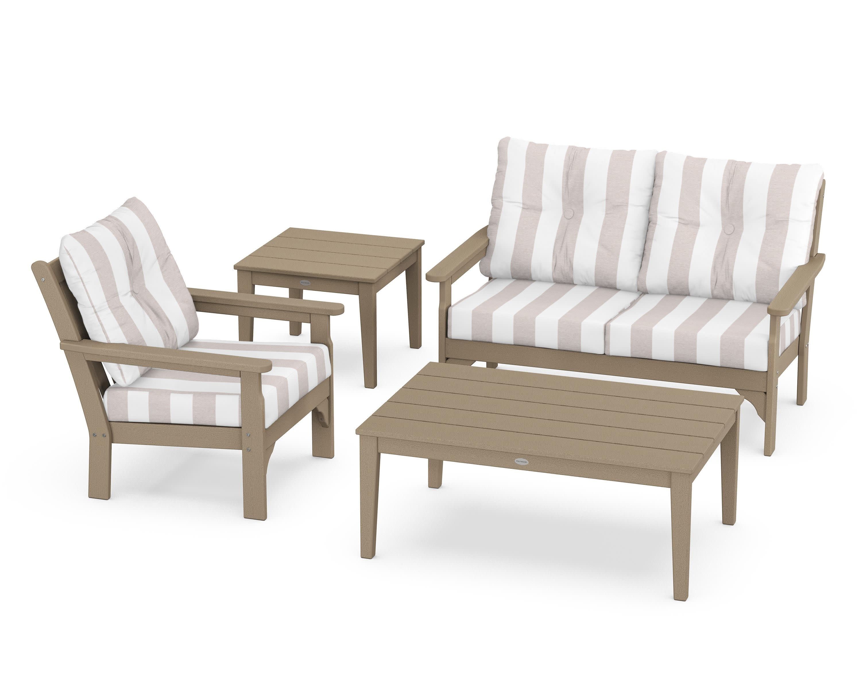 Vineyard 4-Piece Deep Seating Set in Vintage Sahara / Cabana Stripe Dune Burlap