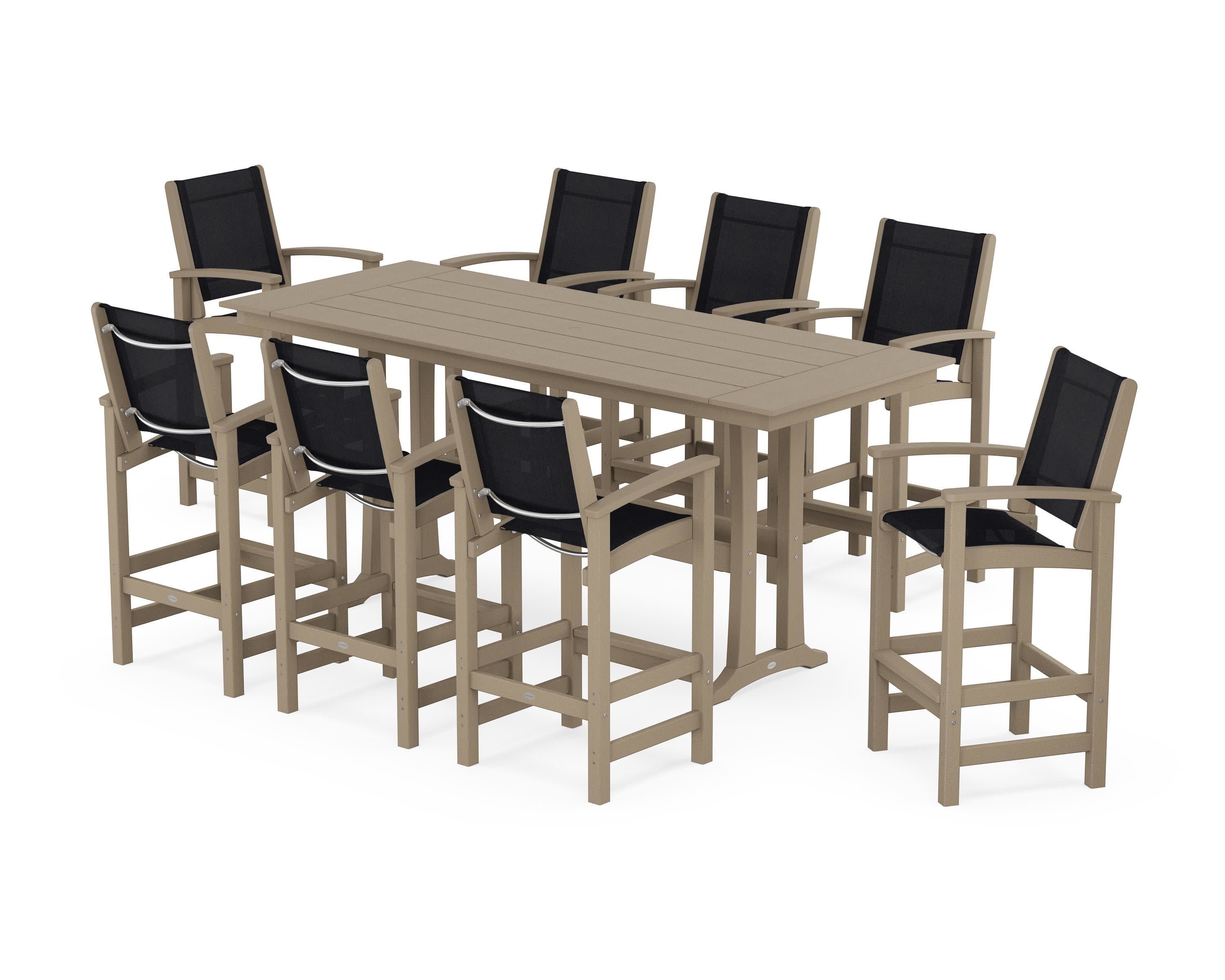 Coastal 9-Piece Farmhouse Bar Set with Trestle Legs in Vintage Sahara / Black Sling