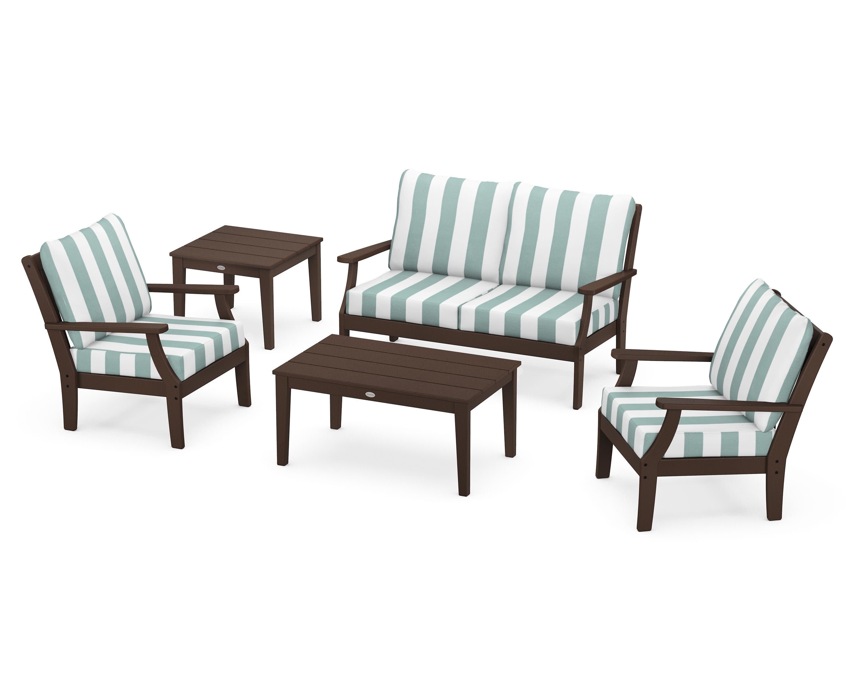 Braxton 5-Piece Deep Seating Set in Mahogany / Cabana Stripe Glacier Spa