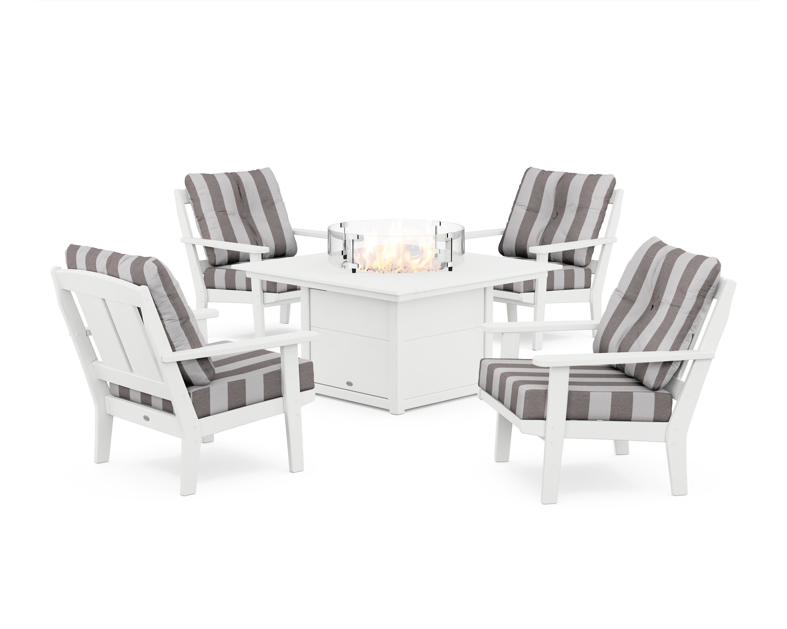 Mission 5-Piece Deep Seating Set with Fire Pit Table in White / Cabana Stripe Grey Mist
