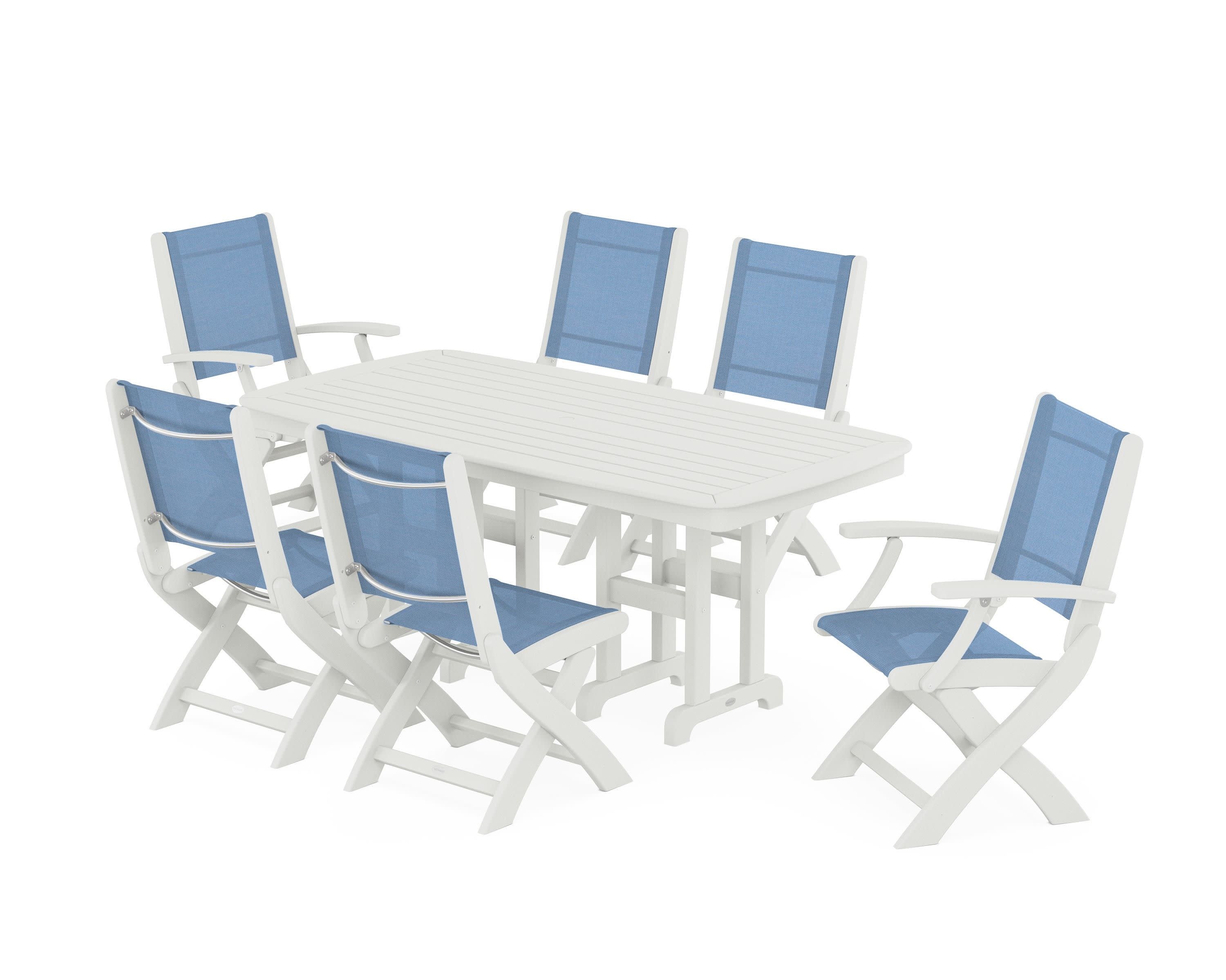 Coastal Folding Chair 7-Piece Dining Set in Vintage White / Poolside Sling