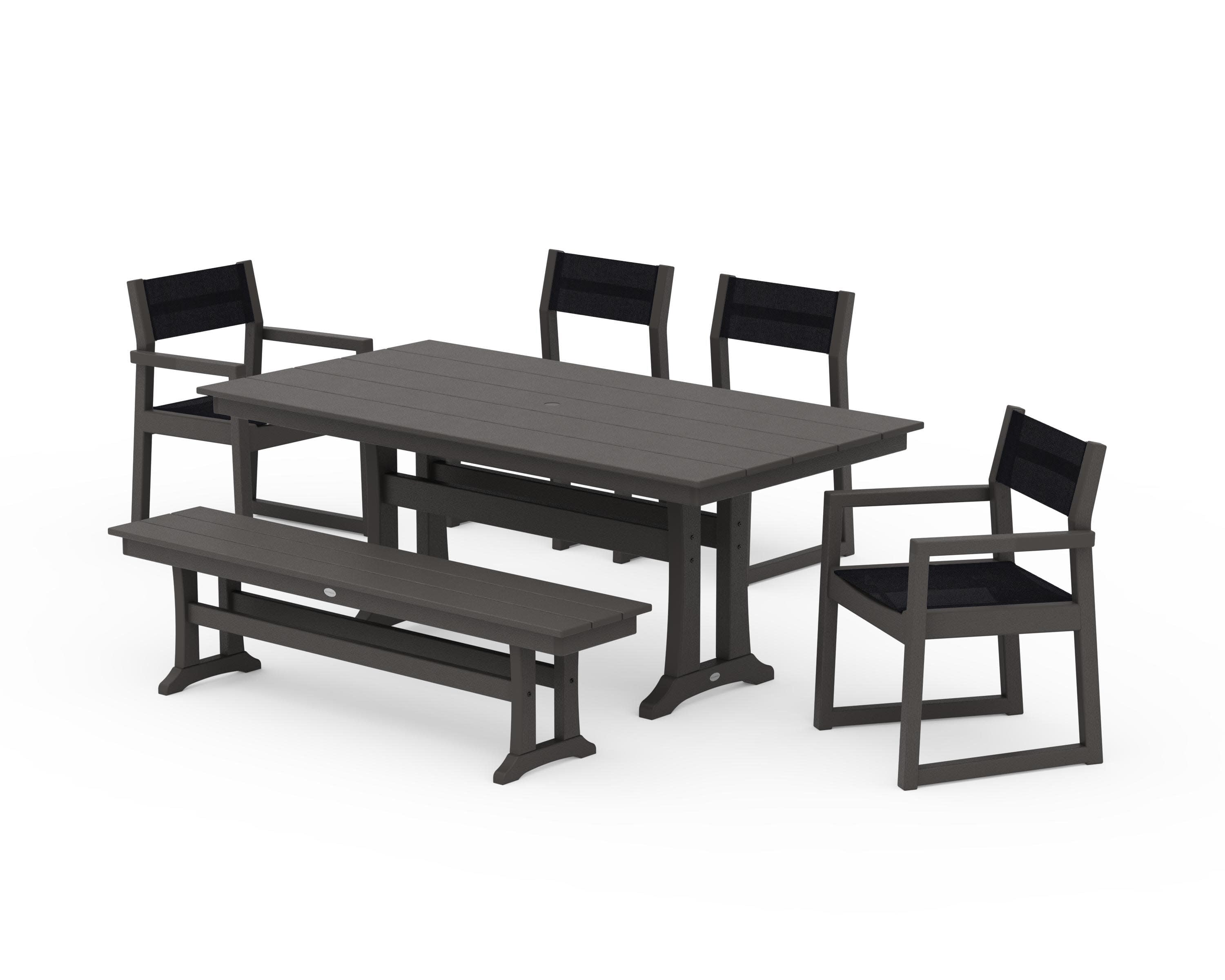 EDGE Sling 6-Piece Farmhouse Dining Set With Trestle Legs in Vintage Coffee / Black Sling
