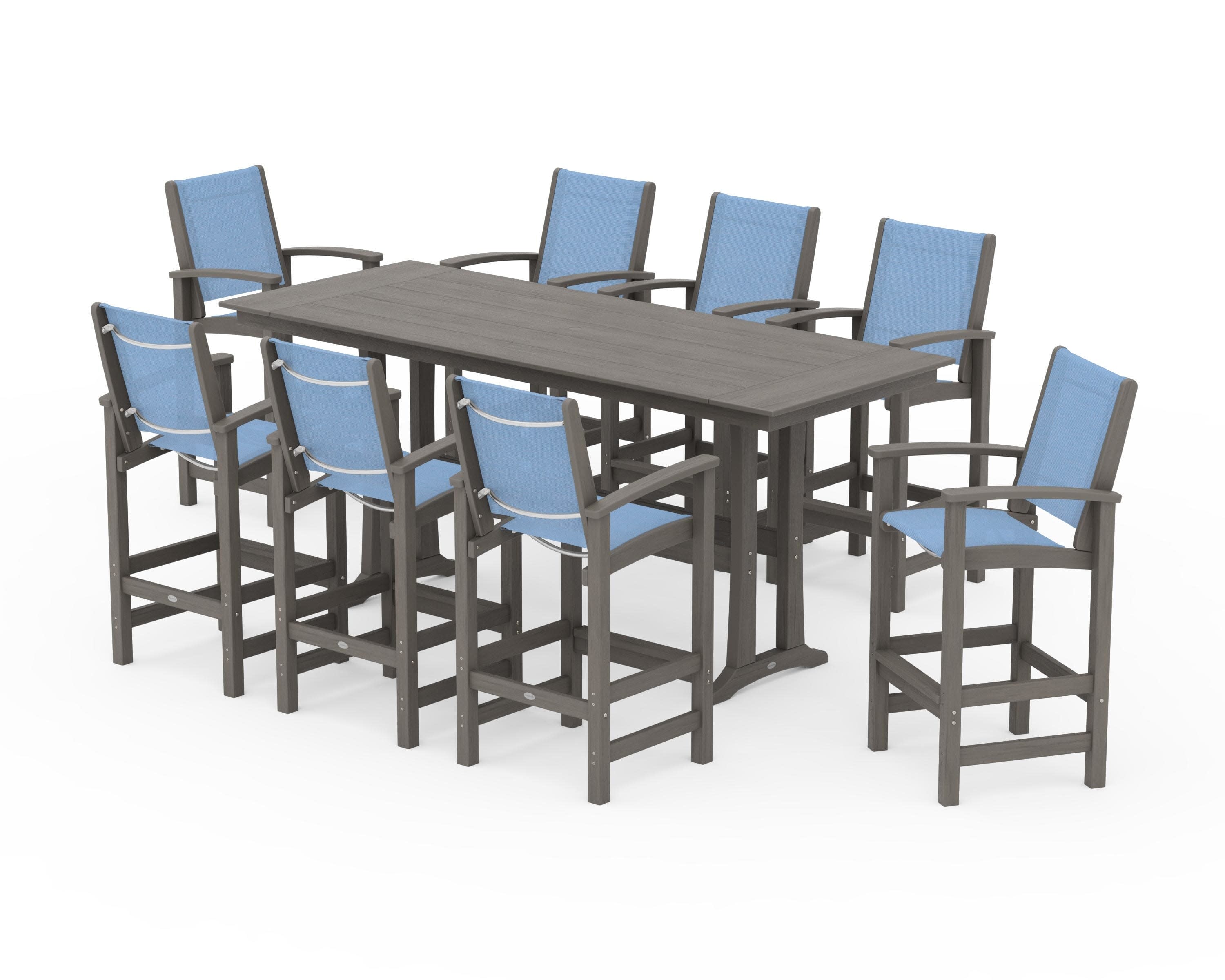 Coastal 9-Piece Farmhouse Bar Set with Trestle Legs in Driftwood / Poolside Sling