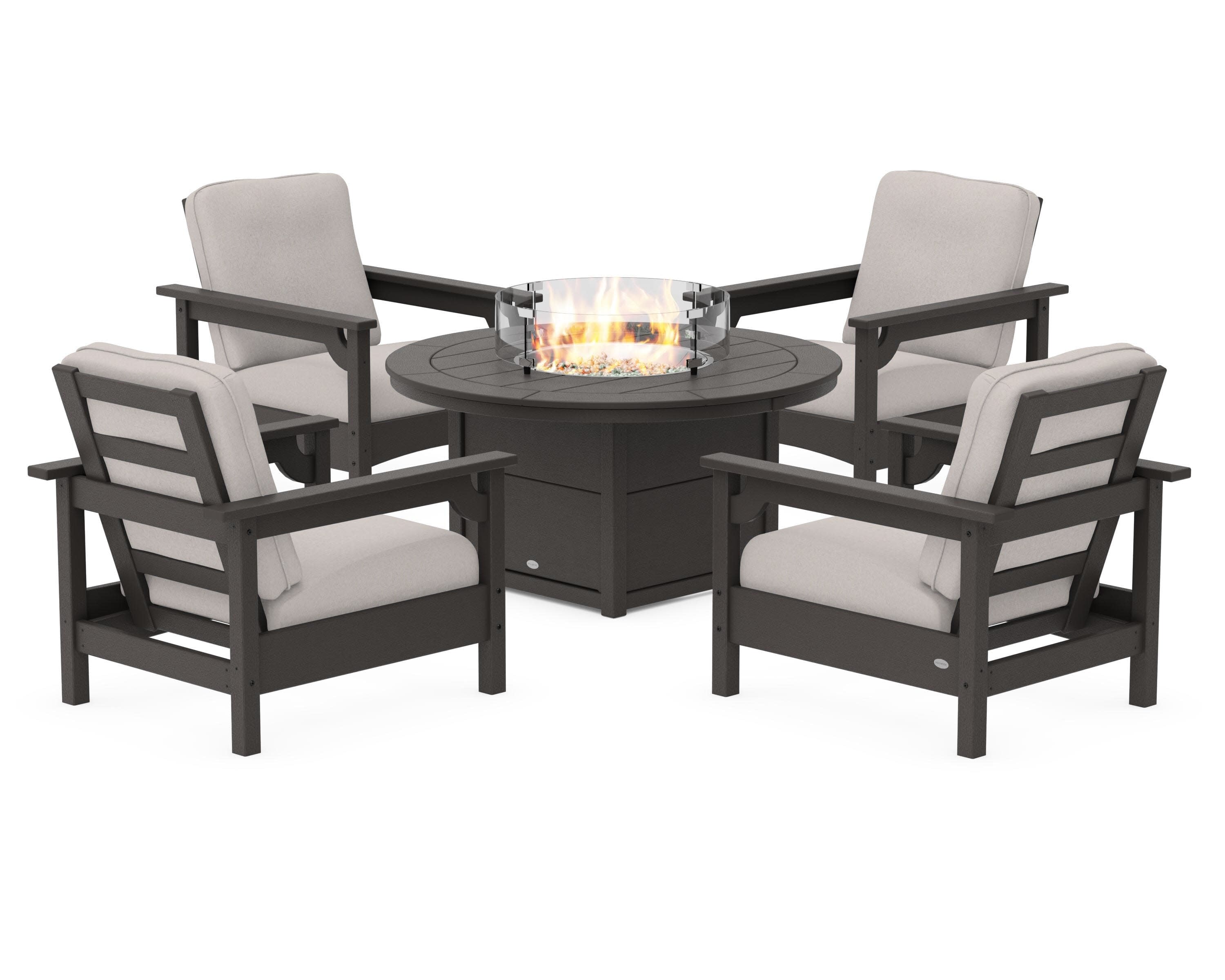 Club 5-Piece Conversation Set with Fire Pit Table in Vintage Coffee / Dune Burlap