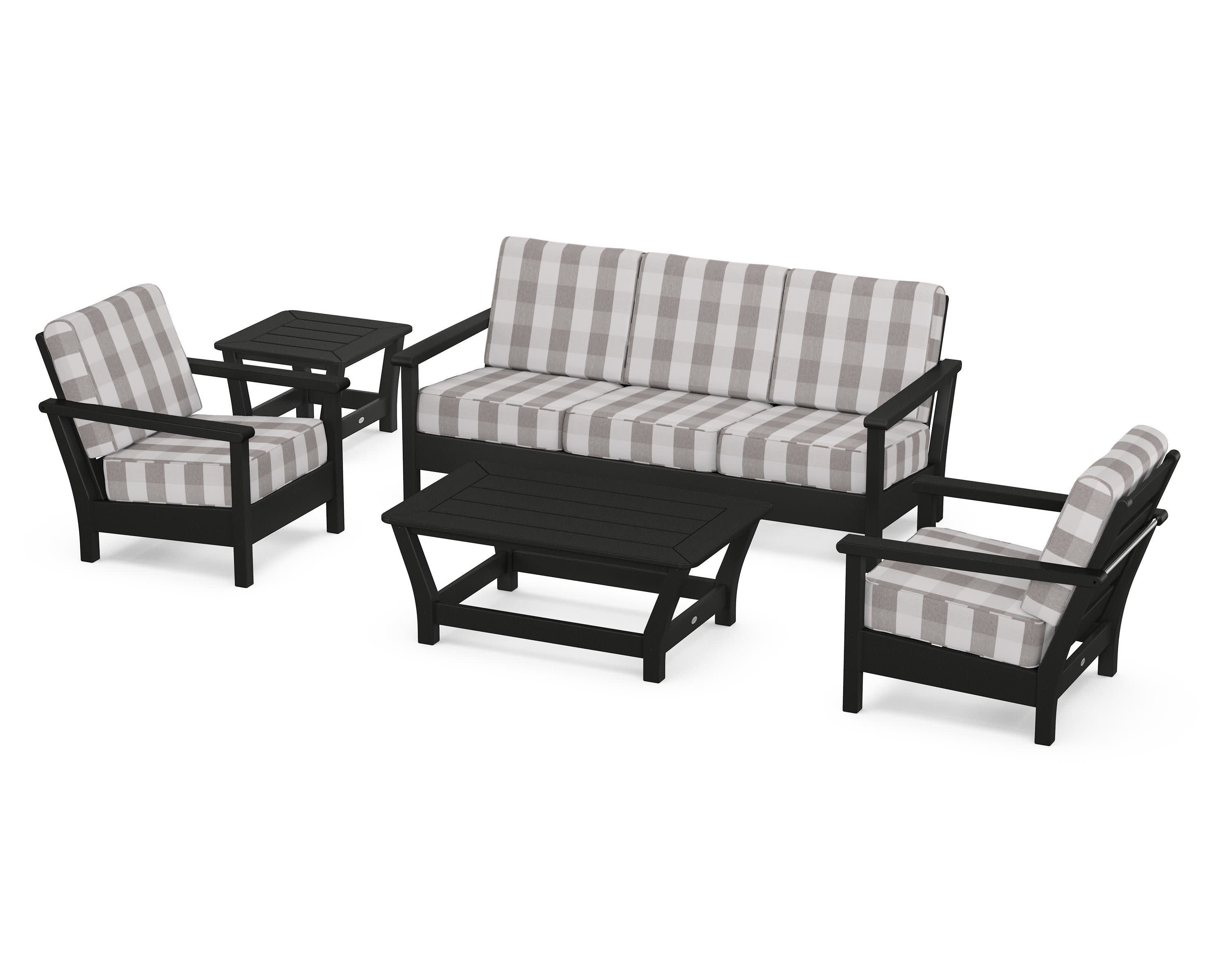Harbour 5-Piece Deep Seating Set in Black / Buffalo Plaid Grey Mist