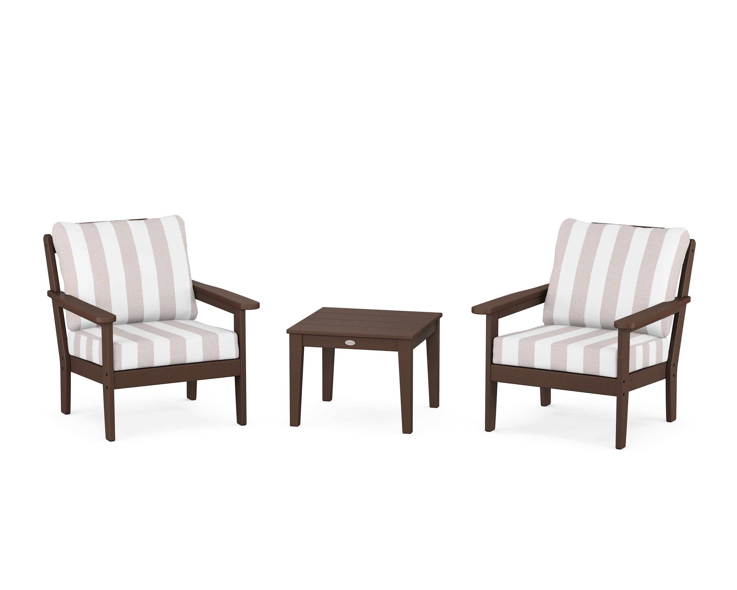 Cottage 3-Piece Deep Seating Set in Mahogany / Cabana Stripe Dune Burlap