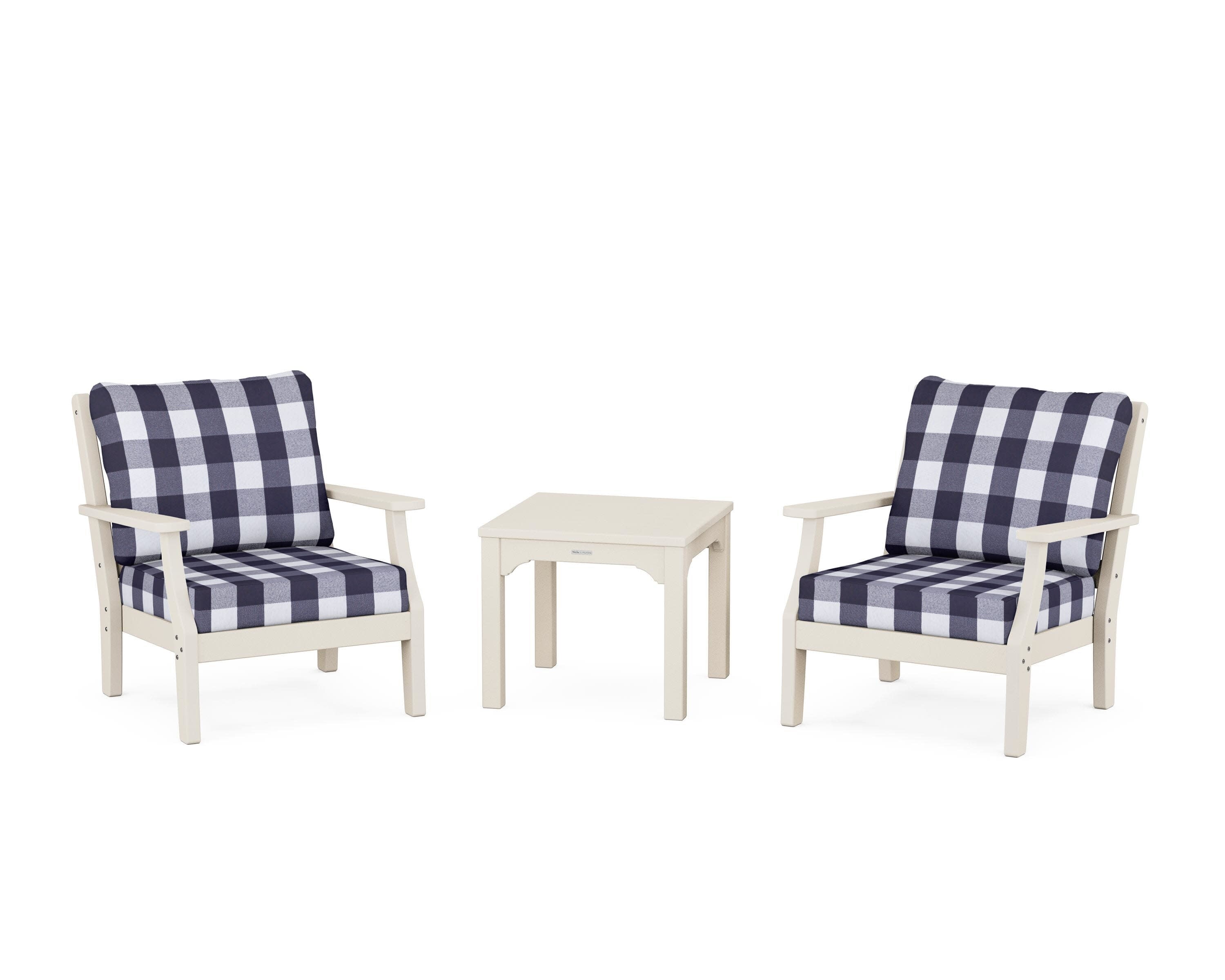 Chinoiserie 3-Piece Deep Seating Set in Sand / Buffalo Plaid Navy