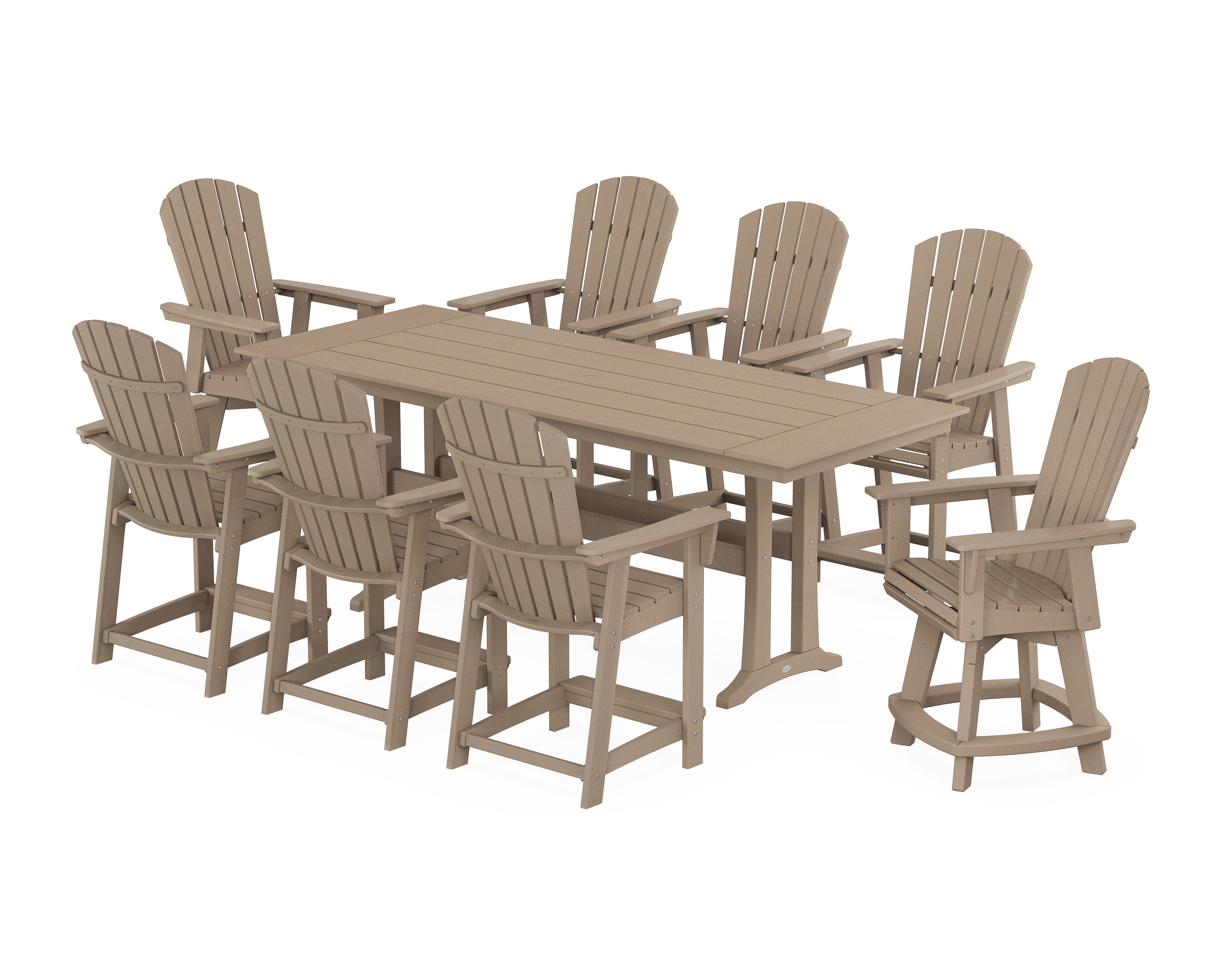 Nautical Curveback Adirondack Swivel Chair 9-Piece Farmhouse Counter Set with Trestle Legs in Vintage Sahara