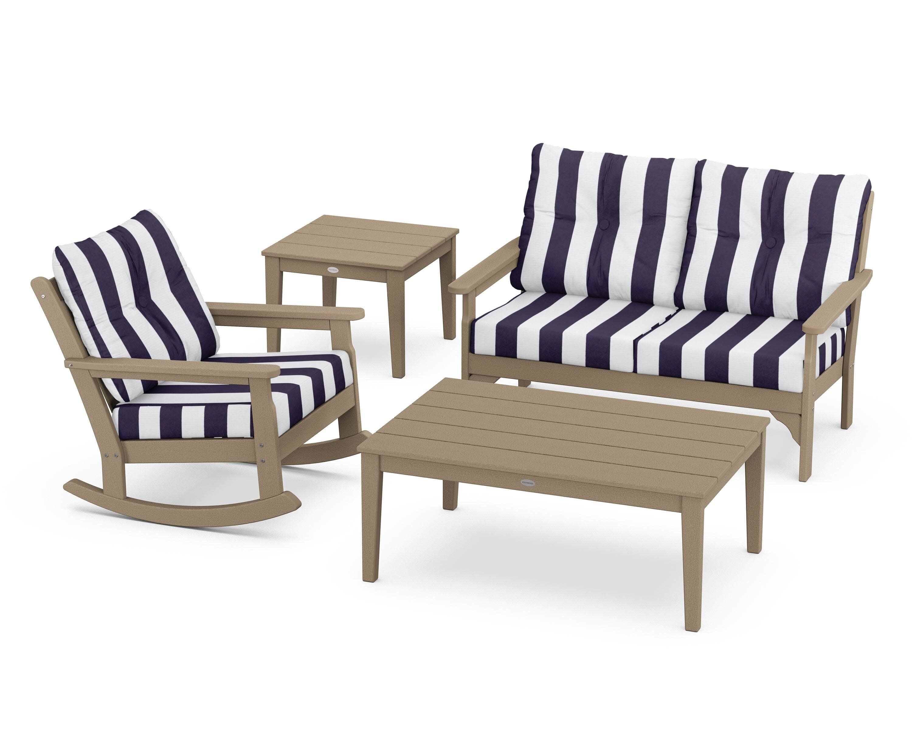 Vineyard 4-Piece Deep Seating Rocker Set in Vintage Sahara / Cabana Stripe Navy