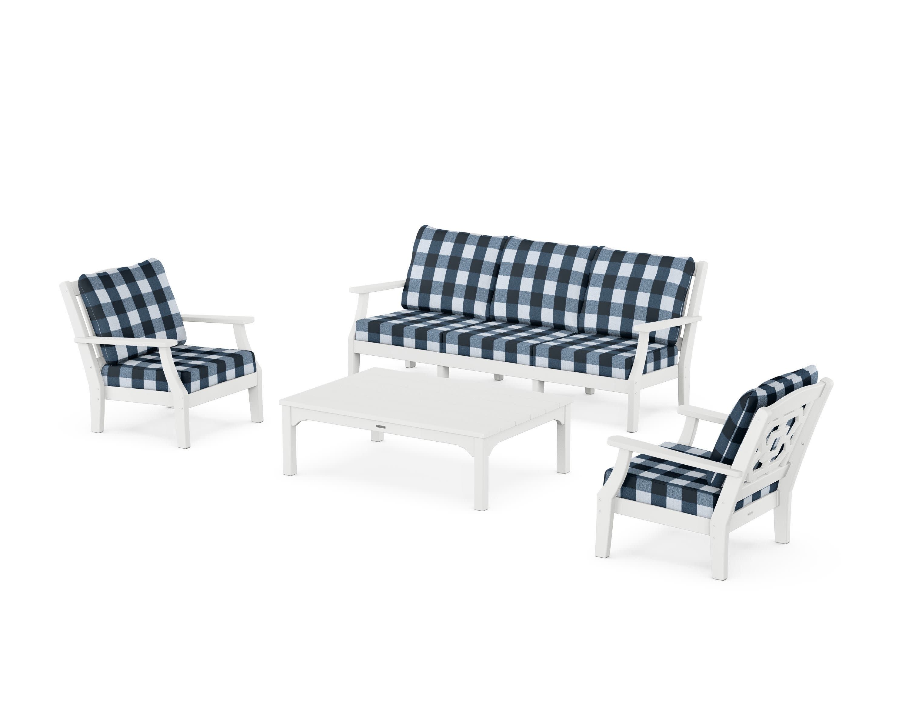 Chinoiserie 4-Piece Deep Seating Set with Sofa in White / Buffalo Plaid Marine Indigo