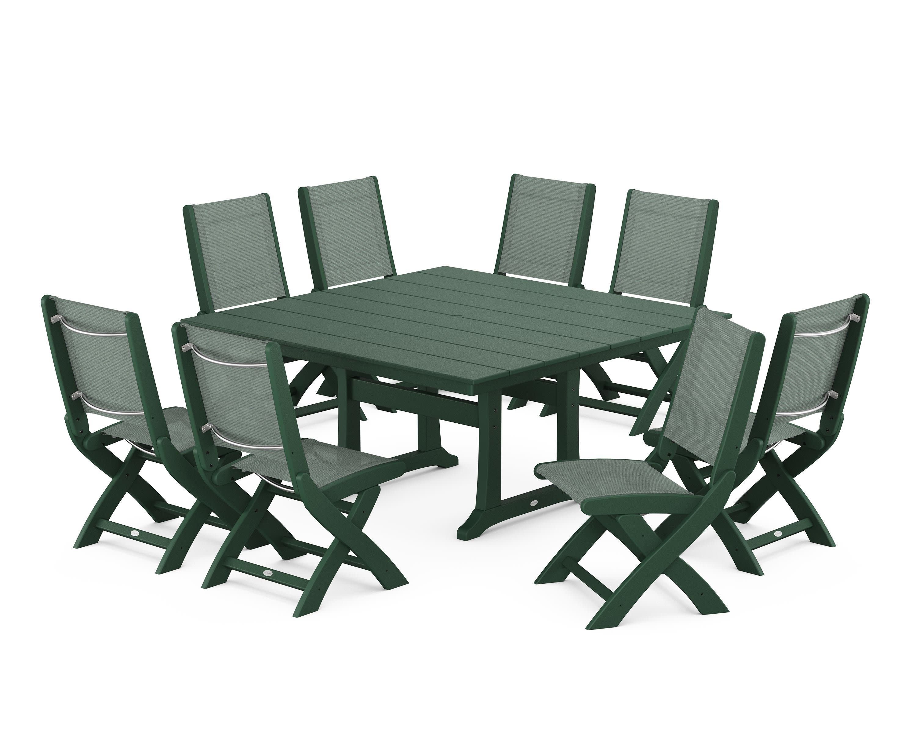 Coastal Folding Side Chair 9-Piece Farmhouse Dining Set in Green / Dupioni Sea Mist Sling