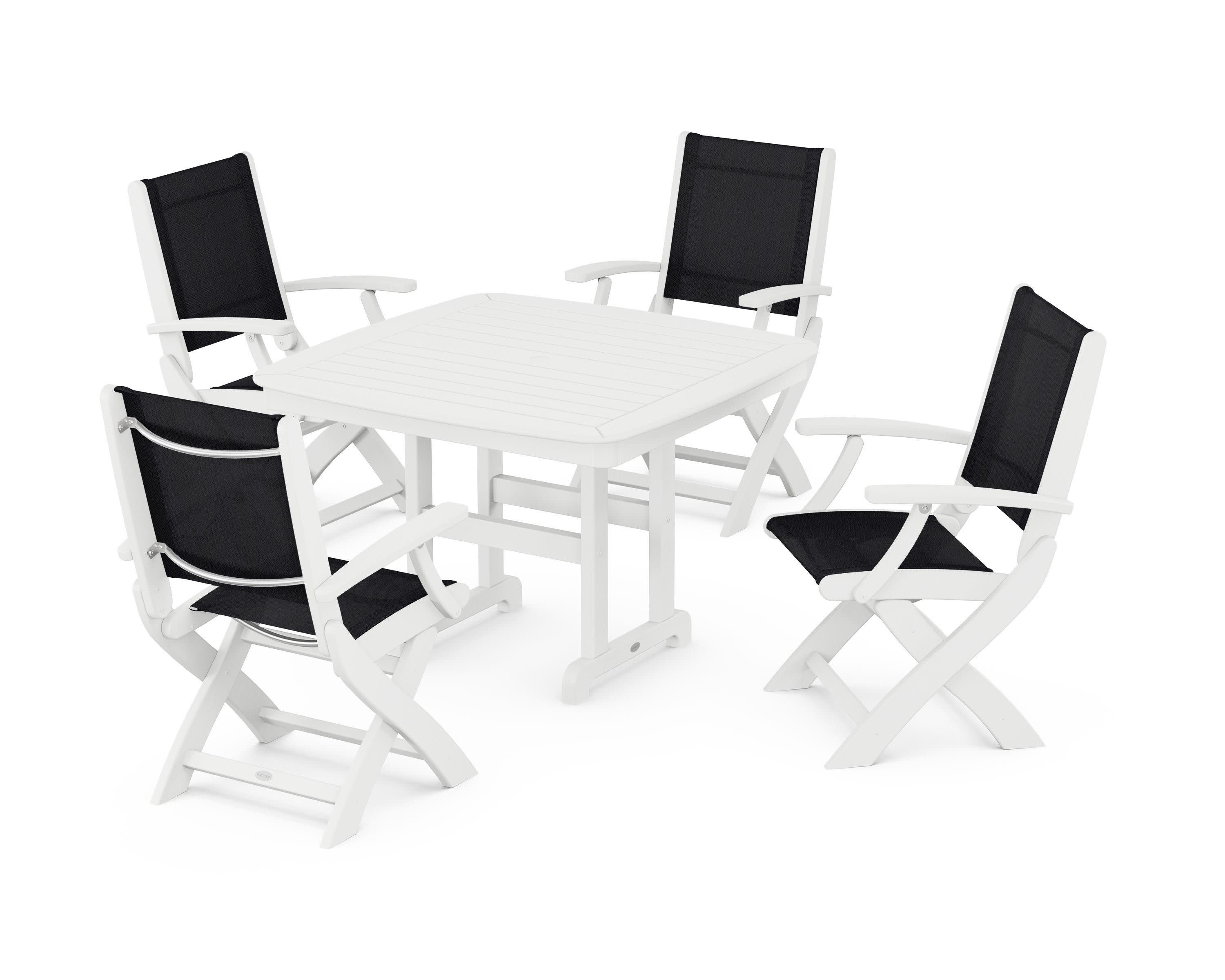 Coastal Folding Chair 5-Piece Dining Set in White / Black Sling