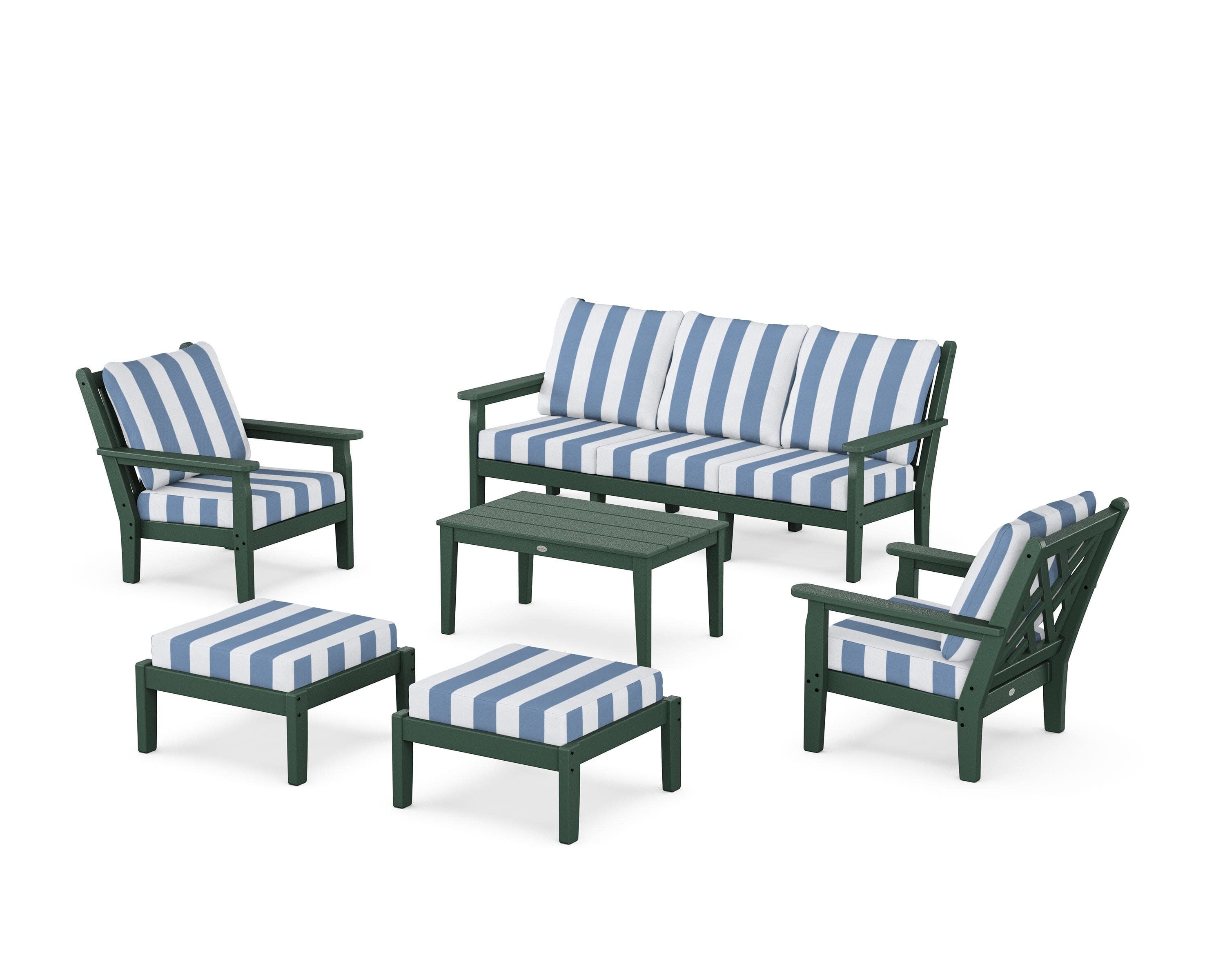 Chippendale 6-Piece Lounge Sofa Set in Green / Cabana Stripe Sky Blue