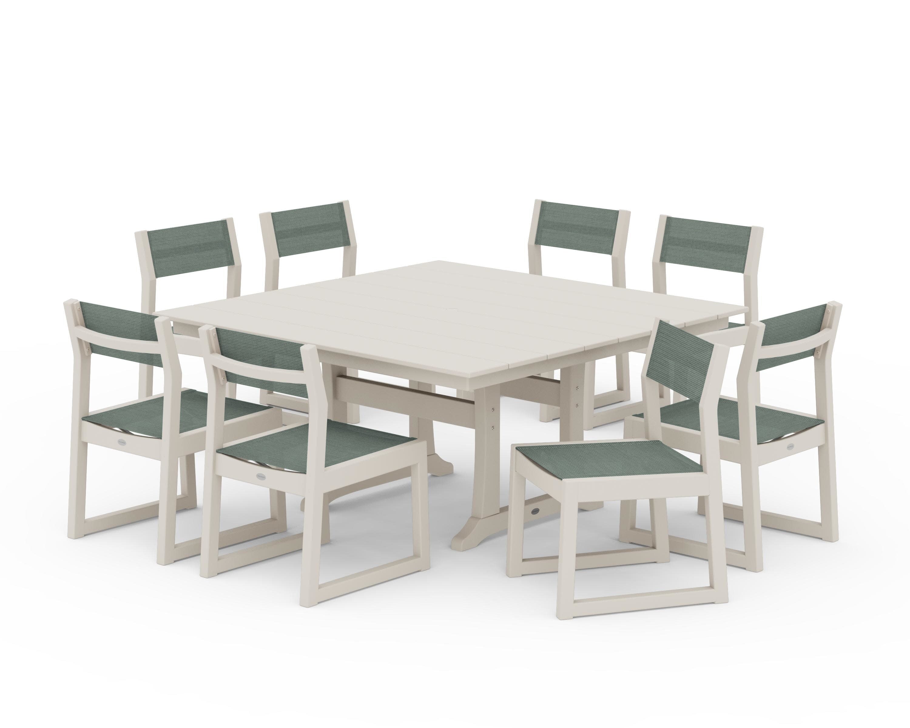 EDGE Sling Side Chair 9-Piece Farmhouse Trestle Dining Set in Sand / Dupioni Sea Mist Sling