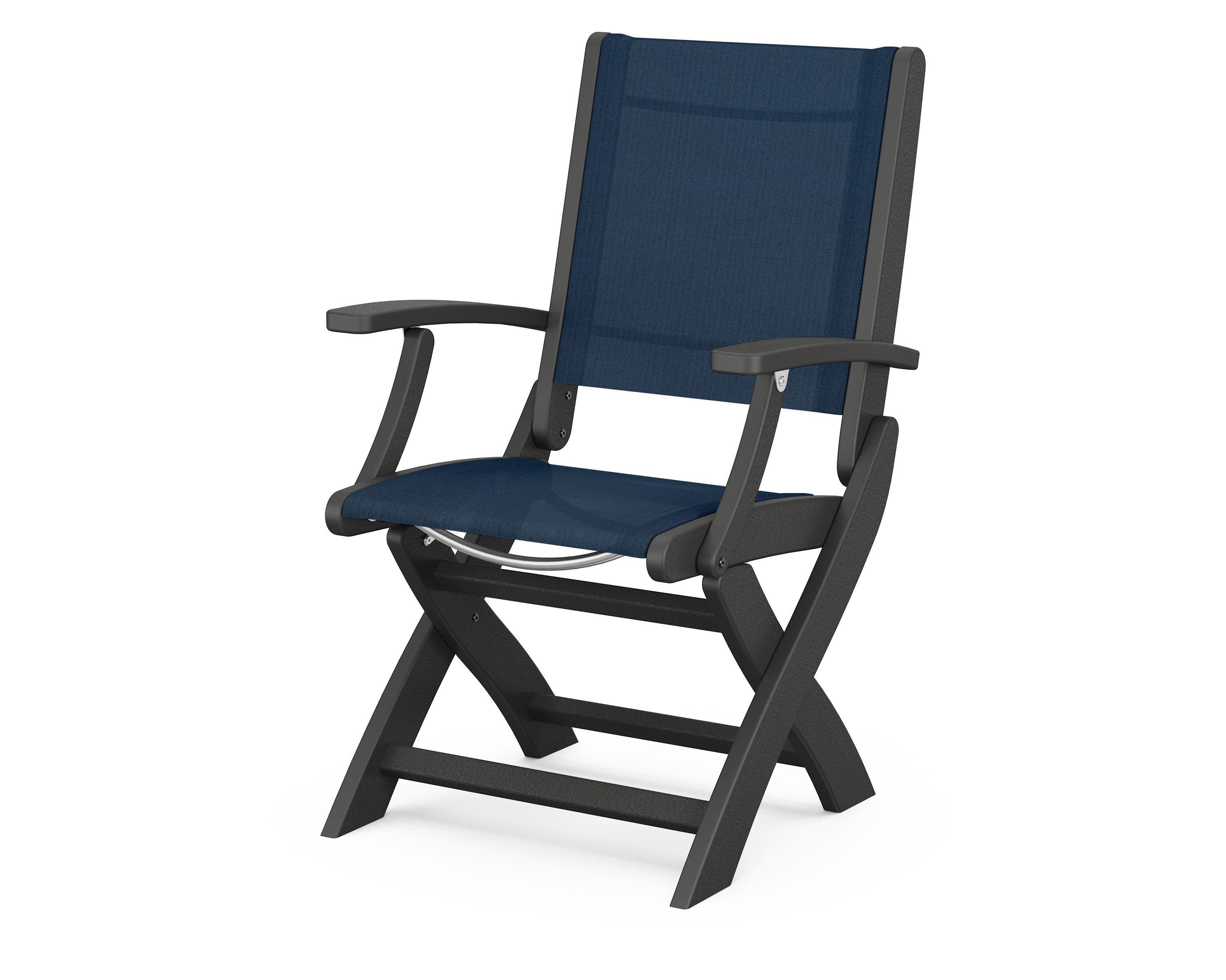 Coastal Folding Chair in Black / Navy Blue Sling