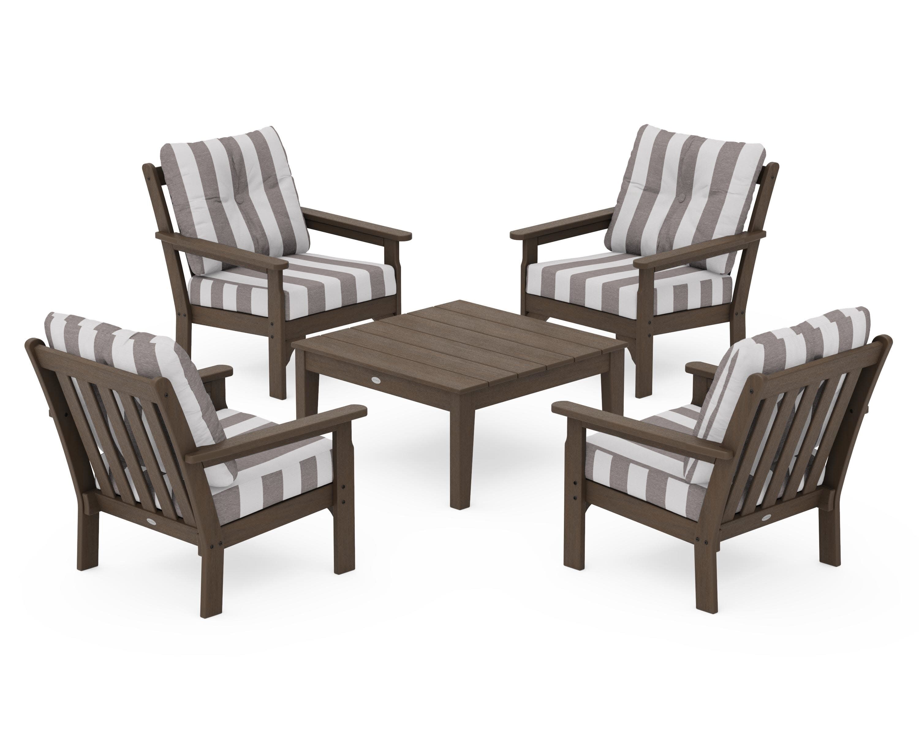 Vineyard 5-Piece Deep Seating Conversation Set in Kona / Cabana Stripe Grey Mist
