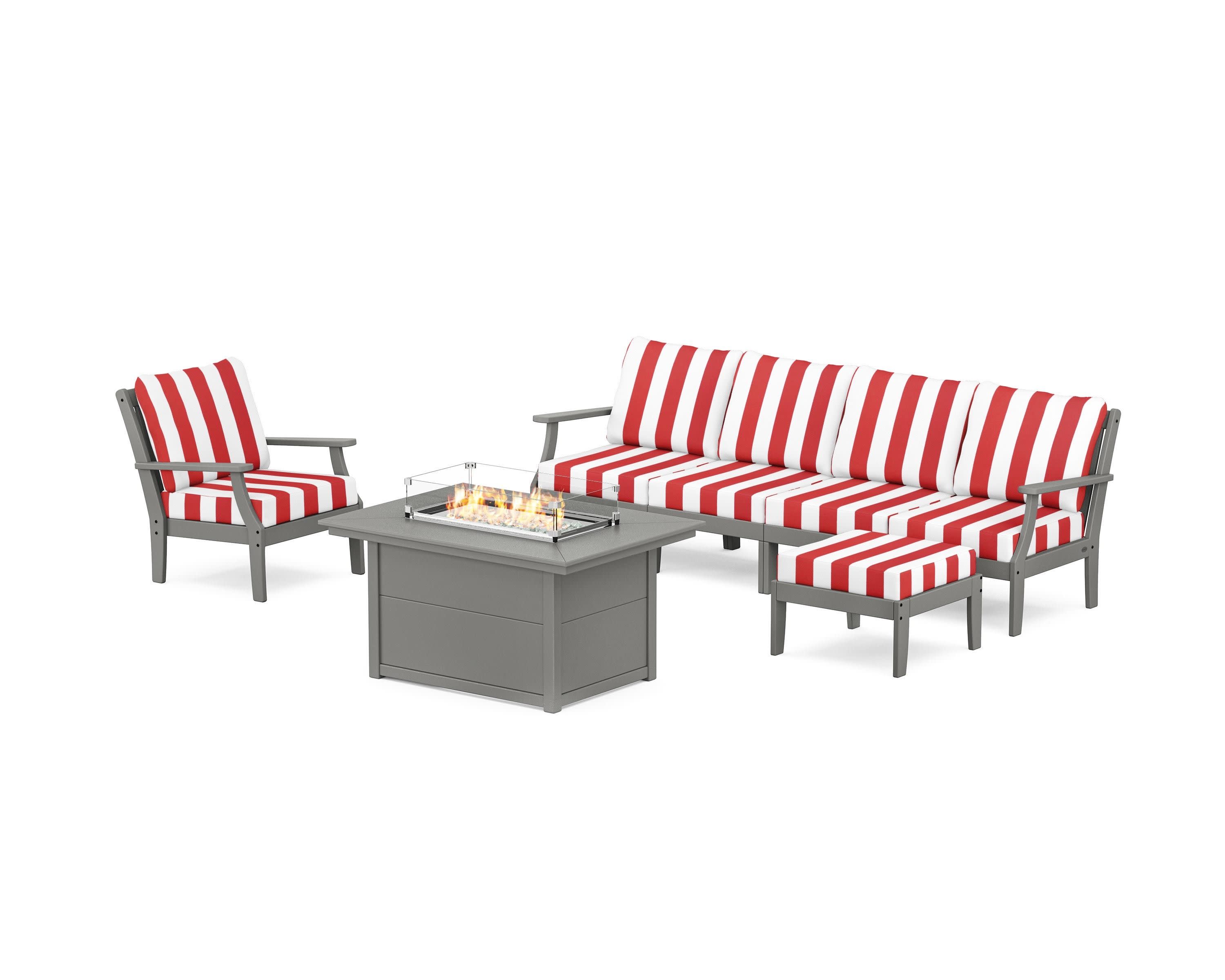 Braxton Sectional Lounge and Fire Pit Set in Slate Grey / Cabana Stripe Crimson