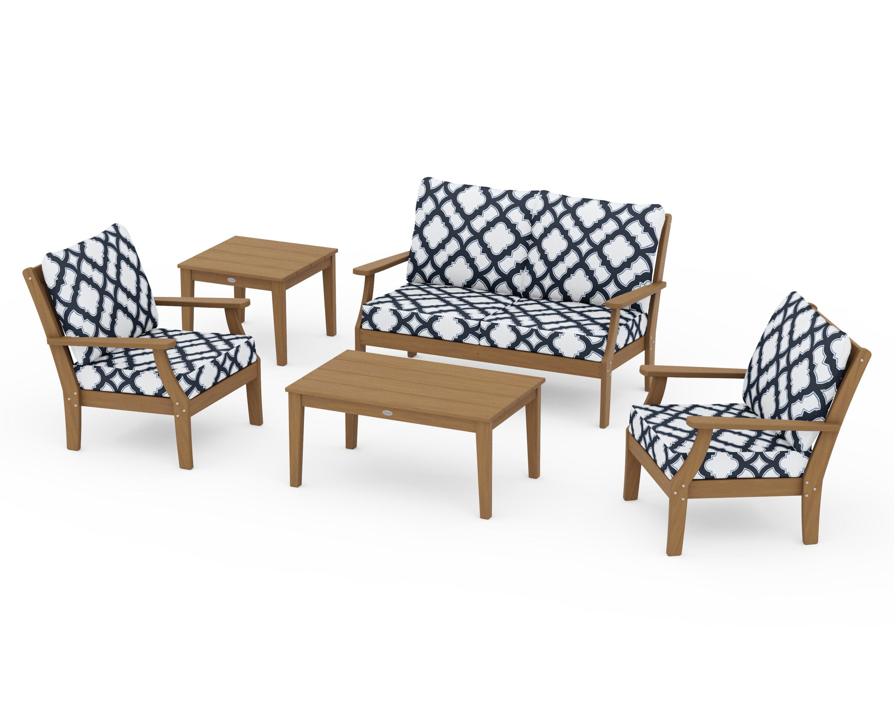 Braxton 5-Piece Deep Seating Set in Natural / Trellis Marine Indigo