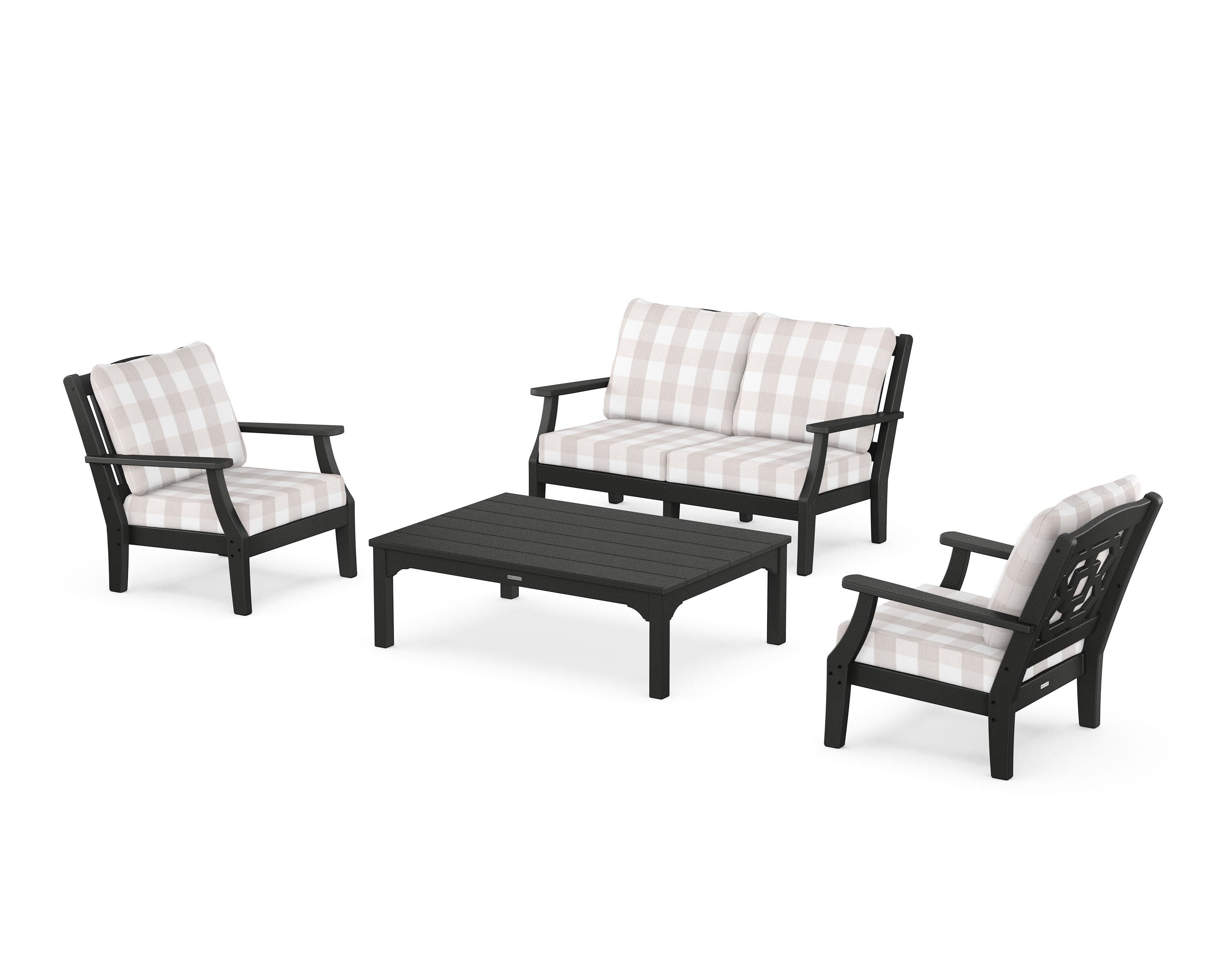Chinoiserie 4-Piece Deep Seating Set with Loveseat in Black / Buffalo Plaid Dune Burlap