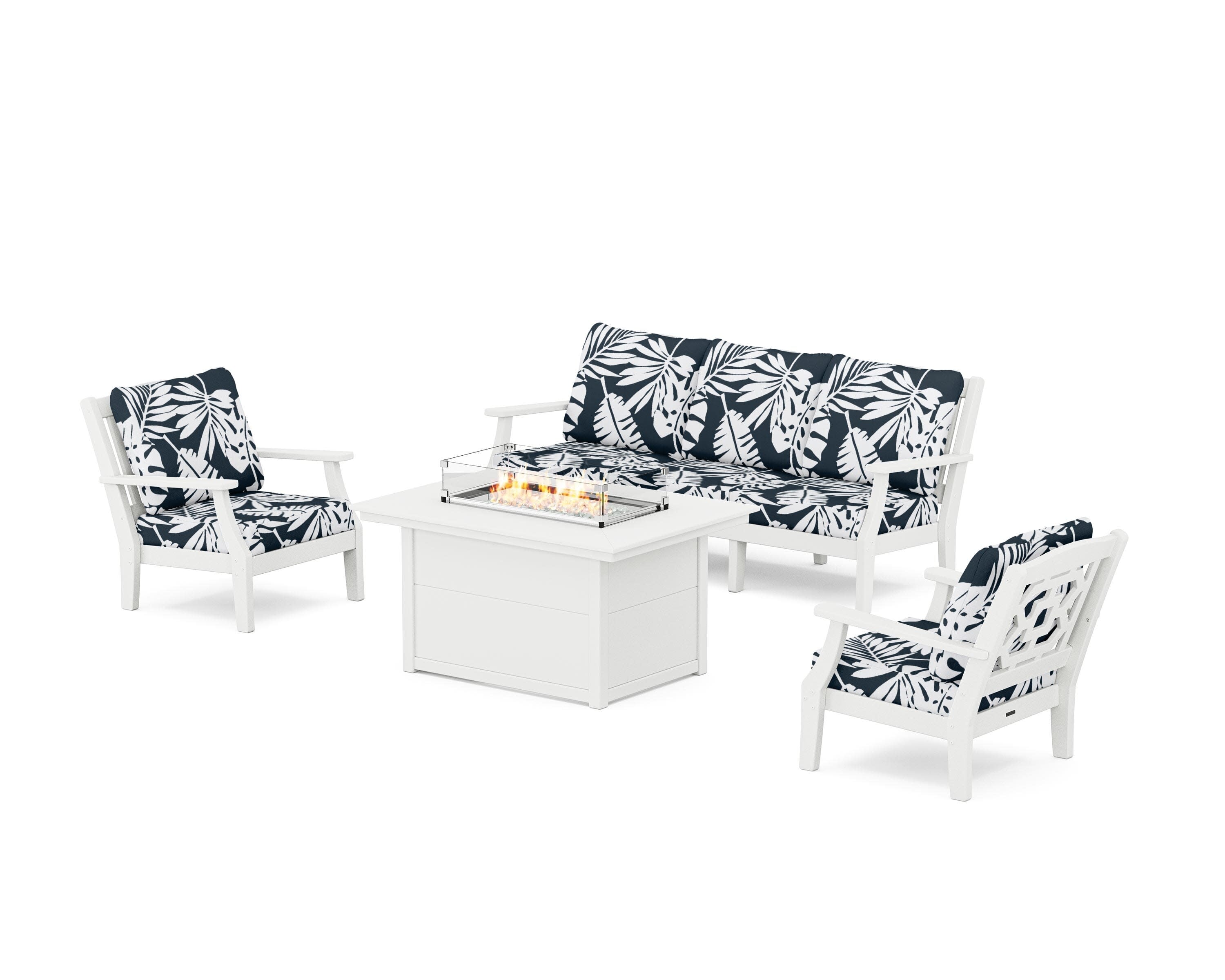 Chinoiserie Deep Seating Fire Pit Table Set in White / Leaf Marine Indigo