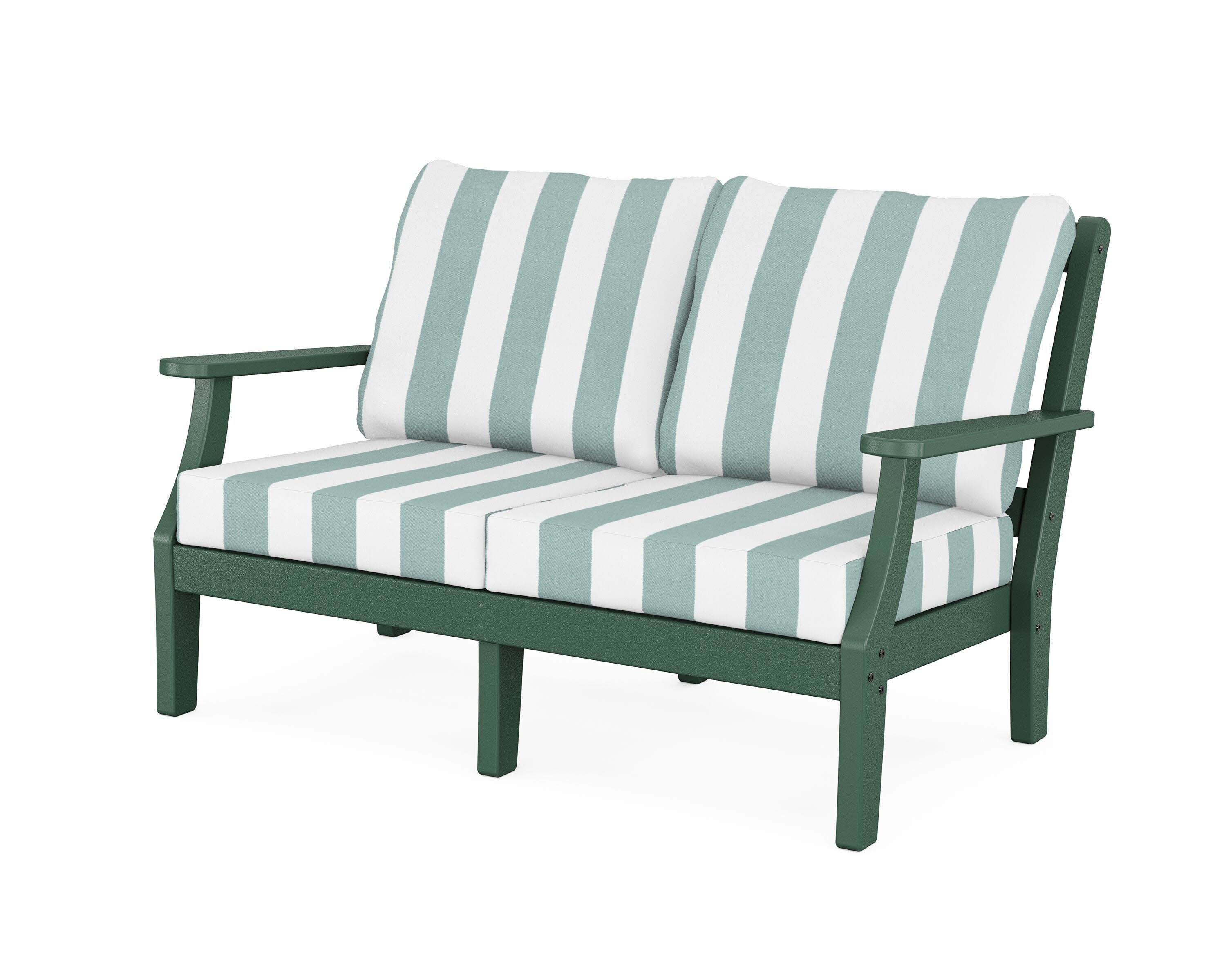 Chinoiserie Deep Seating Loveseat in Green / Cabana Stripe Glacier Spa