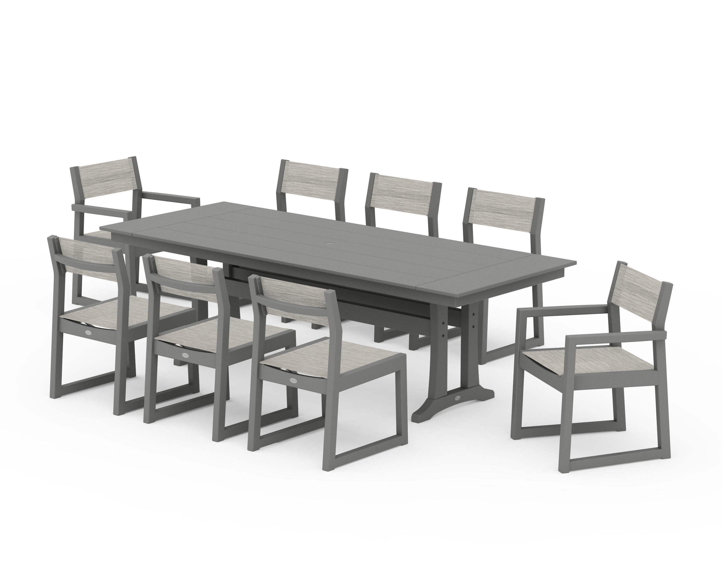 EDGE Sling 9-Piece Farmhouse Trestle Dining Set in Slate Grey / Birch Sling