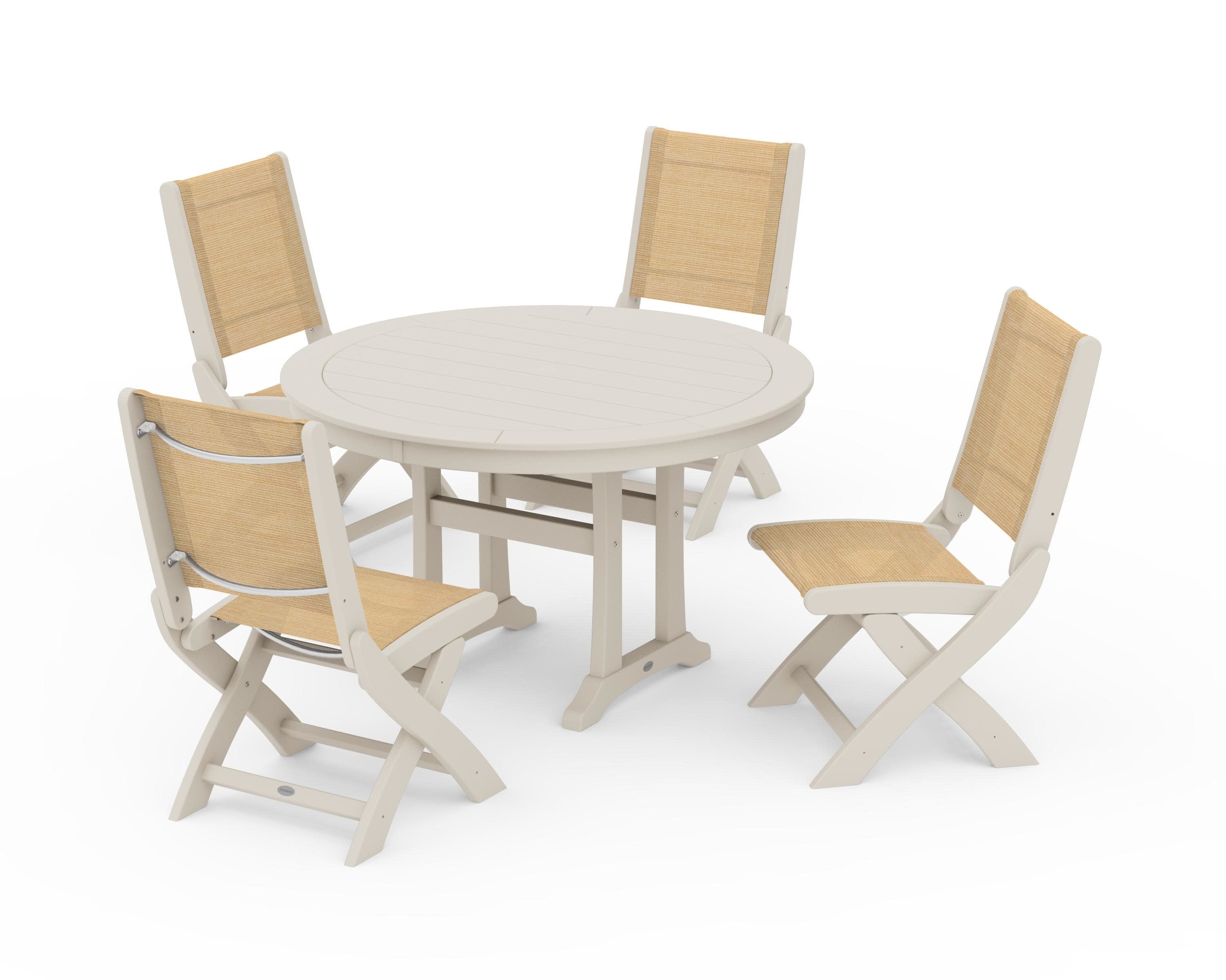 Coastal Folding Side Chair 5-Piece Round Dining Set With Trestle Legs in Sand / Dupioni Apricot Sling