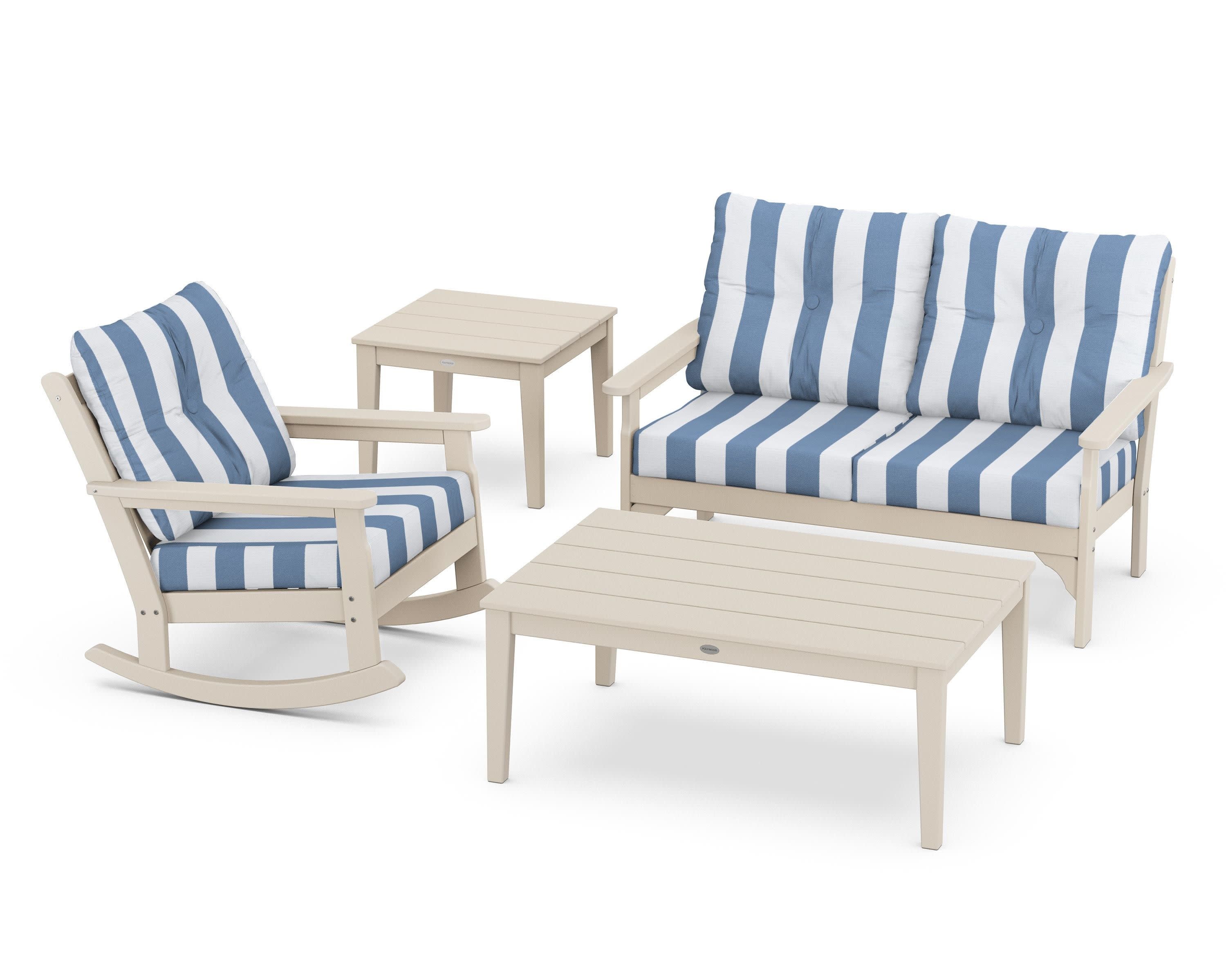 Vineyard 4-Piece Deep Seating Rocker Set in Sand / Cabana Stripe Sky Blue