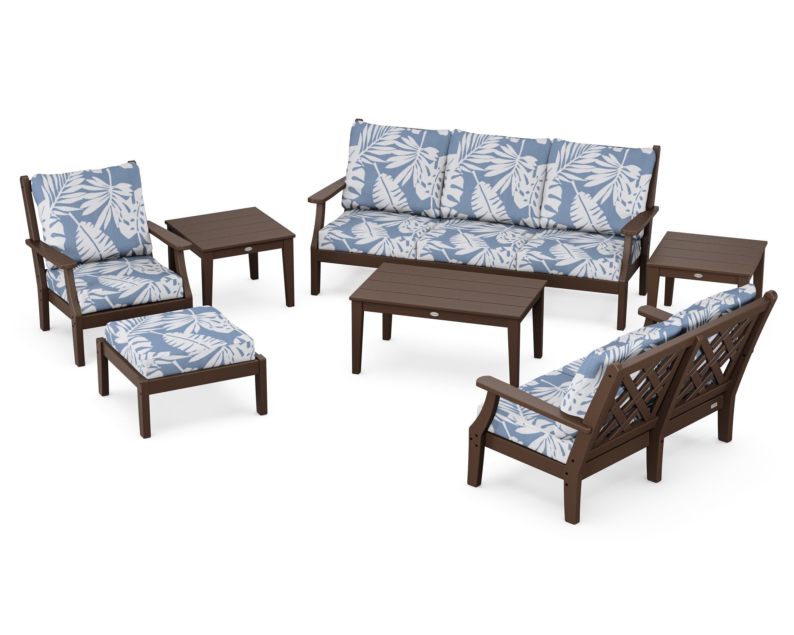 Wovendale 7-Piece Deep Seating Set in Mahogany / Leaf Sky Blue