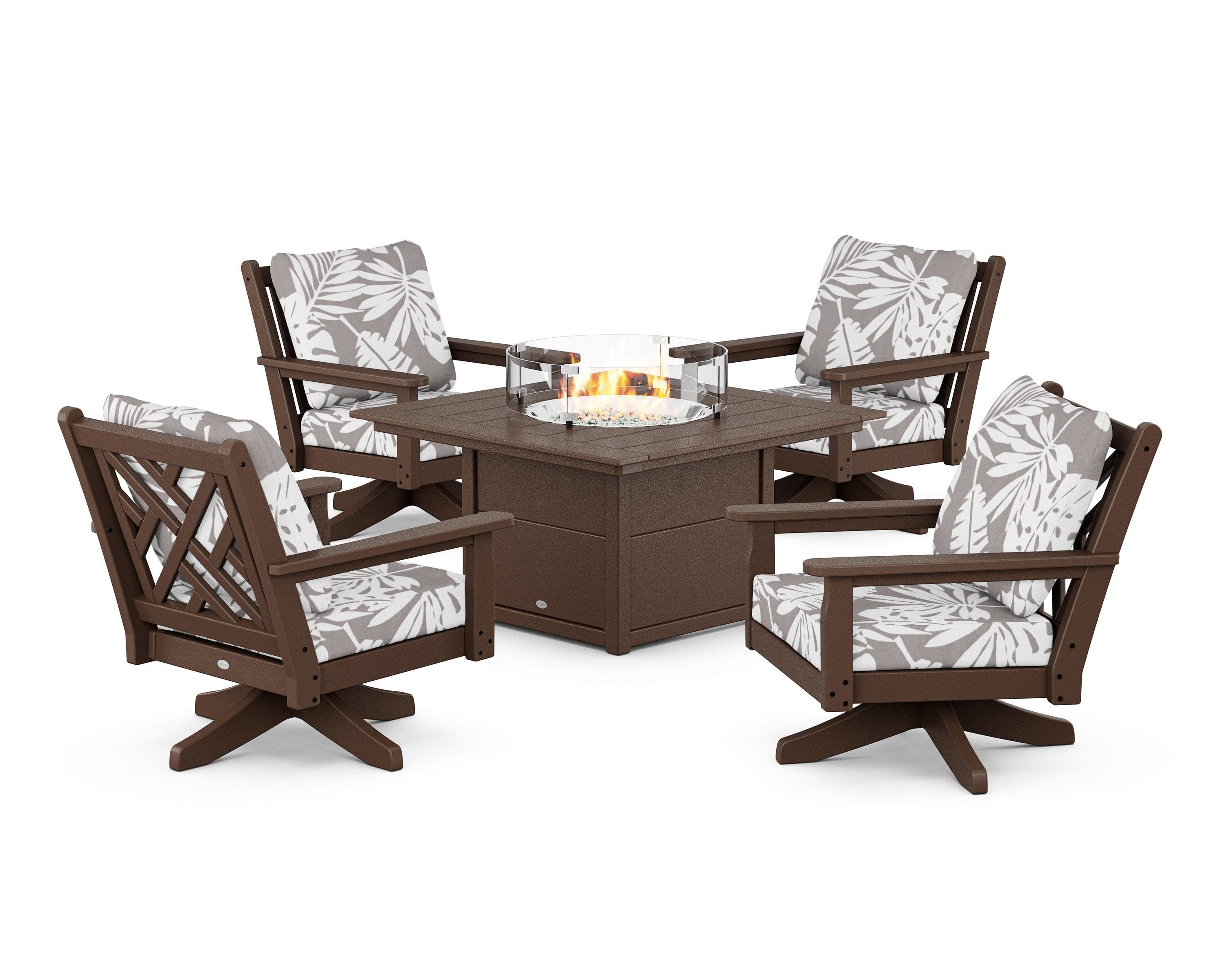Chippendale 5-Piece Deep Seating Swivel Conversation Set with Fire Pit Table in Mahogany / Leaf Grey Mist